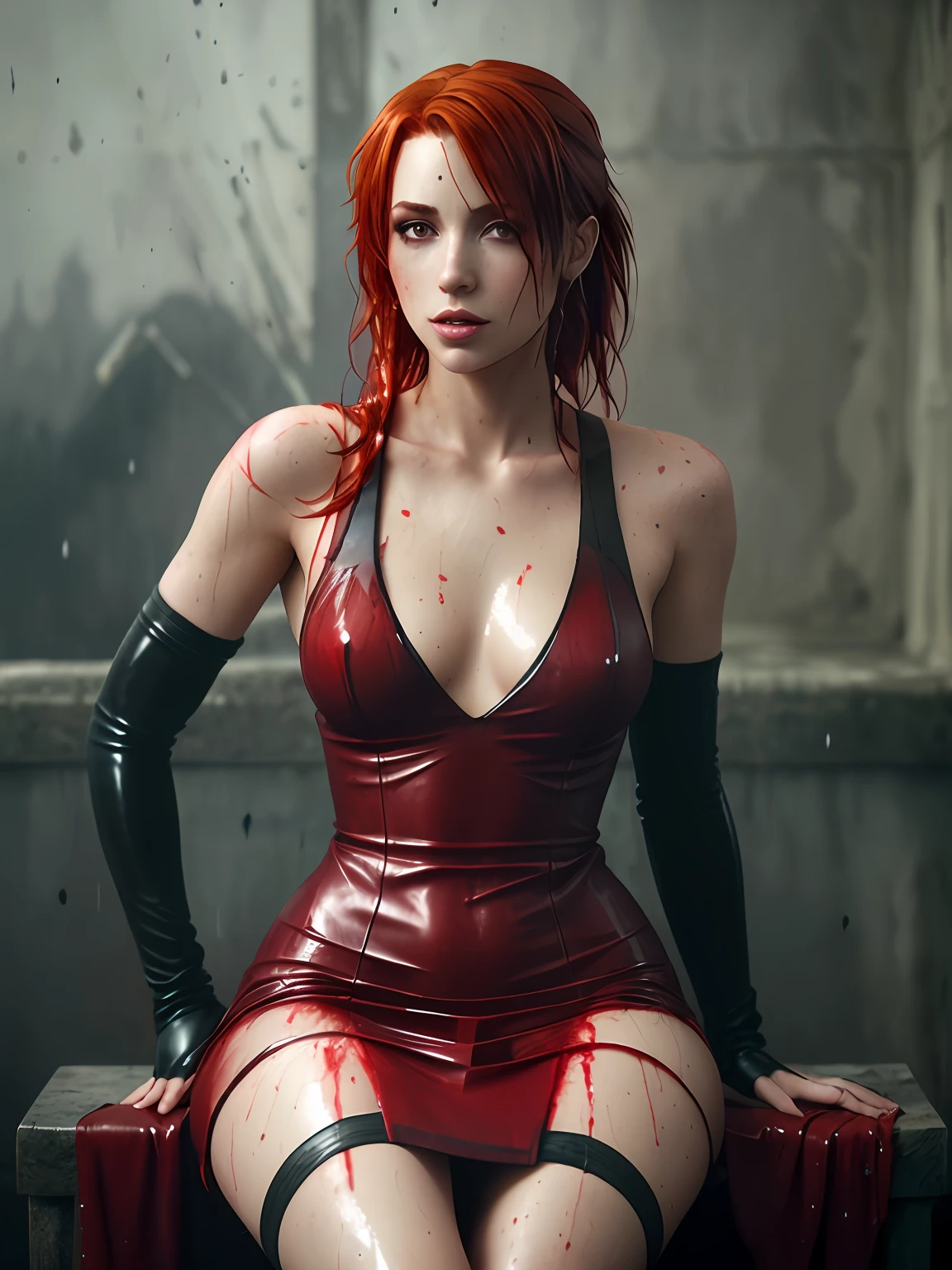 (single :1.0) portrait of one sexy woman, in a dress from the game bloodrayne ((soaking wet of a blood)), redhead, freckles teacher is sitting, slate atmosphere, cinematic, dimmed colors, dark shot, muted colors, film grainy, lut, insane details, intricate details, hyperdetailed