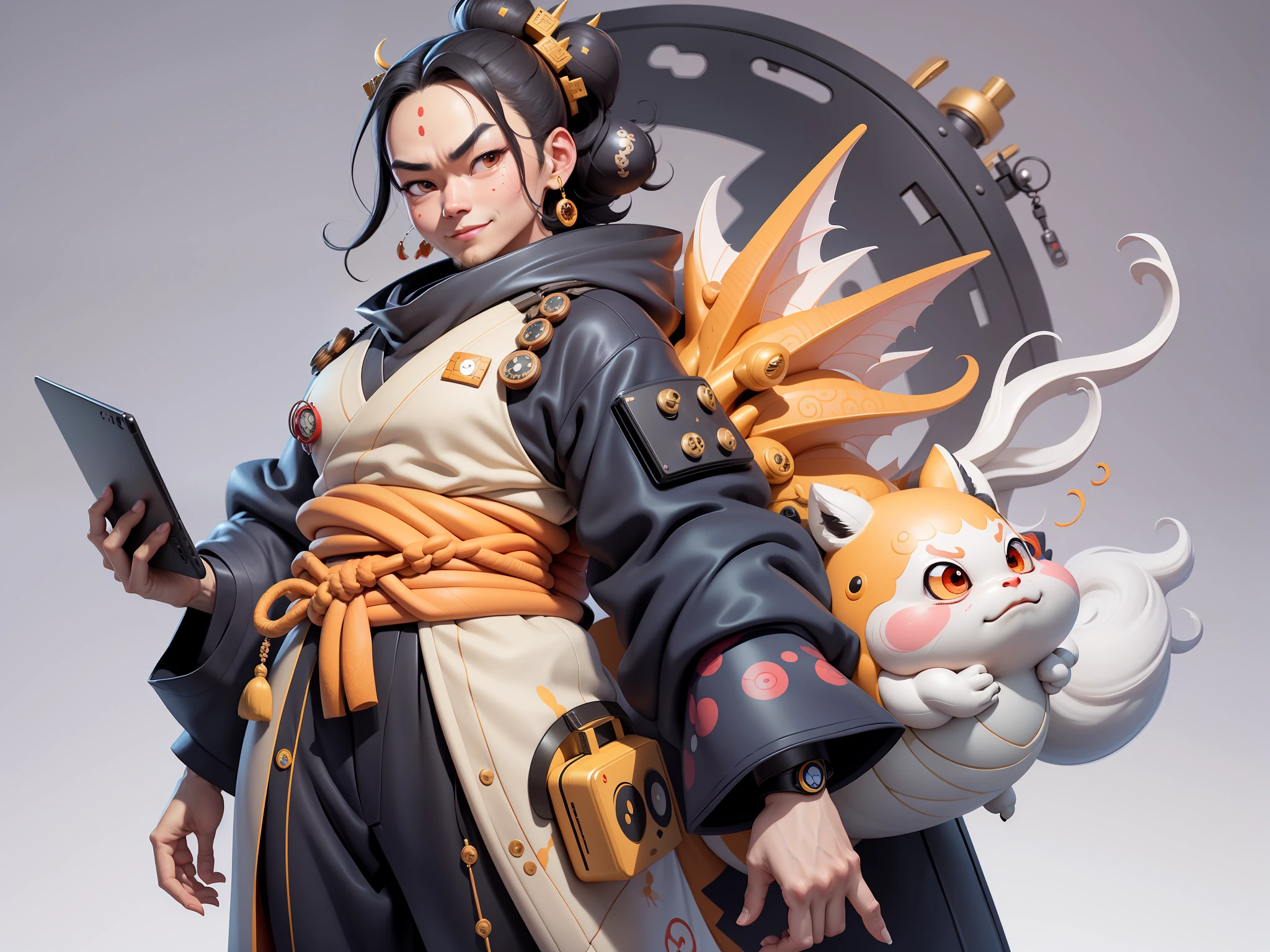 (Daisaku),(Need),(Super meticulous),(full bodyesbian:1.2),Japanese ukiyo-e girl,japanese geisha,Beautiful,Oriental dragon,Aeolian Thor,Raised sexy,爆乳,Oriental face,TV Anchor,Bust portrait illustration,Alone,In black suit,a blue tie,The face is slightly chubby,The face was clean,without a beard,Black super short hair,Black eyes,Smile confidently,3C computer sub-products,iPad, iphone,Digital painting,3D character design by Mark Clairen and Pixar and Hayao Miyazaki and Akira Toriyama,The illustration is a high-definition illustration in 4K resolution,With very detailed facial features and cartoon-style visuals。