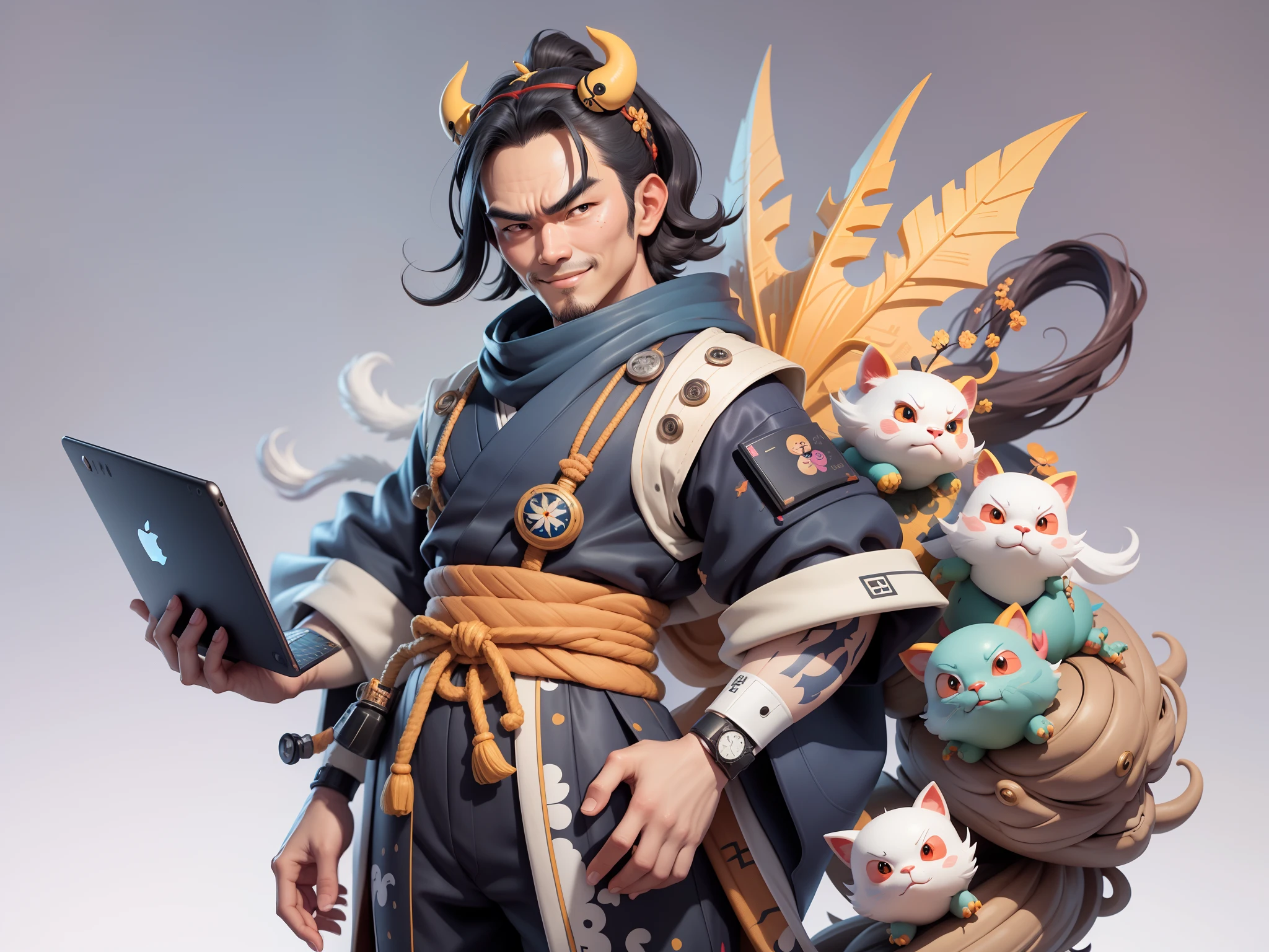 (Daisaku),(Need),(Super meticulous),(full bodyesbian:1.2),Japanese ukiyo-e girl,japanese geisha,Beautiful,Oriental dragon,Aeolian Thor,Raised sexy,爆乳,Oriental face,TV Anchor,Bust portrait illustration,Alone,In black suit,a blue tie,The face is slightly chubby,The face was clean,without a beard,Black super short hair,Black eyes,Smile confidently,3C computer sub-products,iPad, iphone,Digital painting,3D character design by Mark Clairen and Pixar and Hayao Miyazaki and Akira Toriyama,The illustration is a high-definition illustration in 4K resolution,With very detailed facial features and cartoon-style visuals。