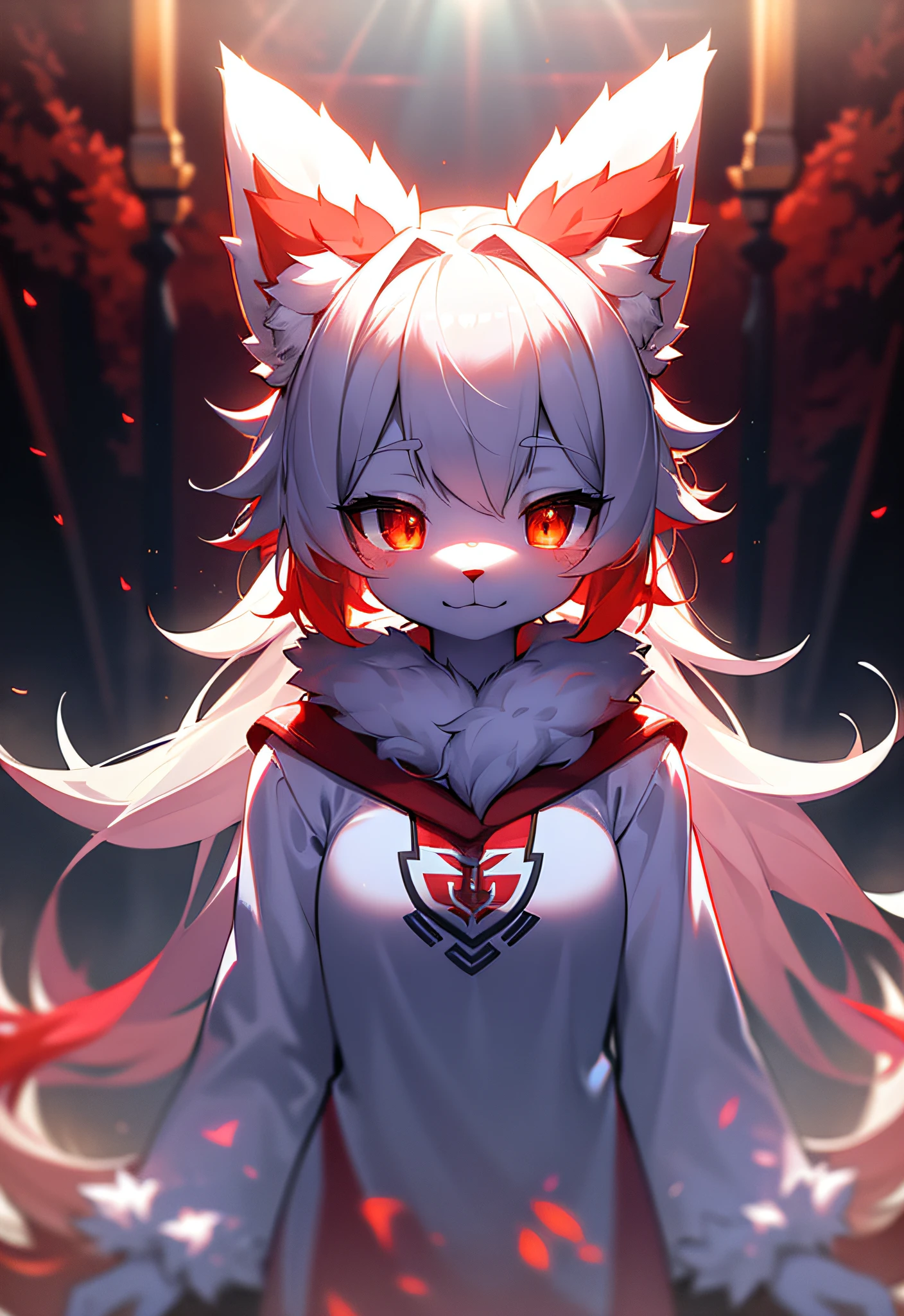 furry, white fur, ultra cute face, red elements on fur, glowing t-shrt, beautiful lights and shadows, ambient light, ultra detailed fur, volumetric light