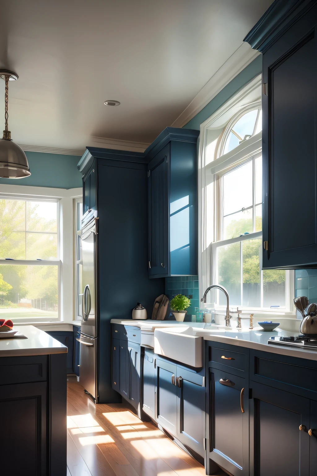 classic large kitchen with blue paneling and bay window
