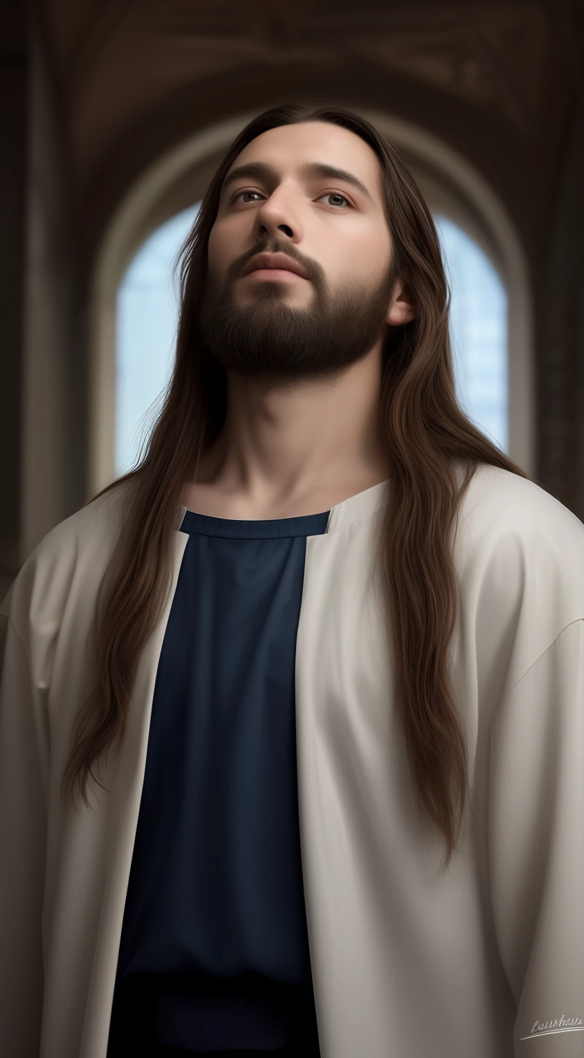 Homem 33 anos, com cabelos longos ondulados e barba, vestindo um manto branco,rosto inteiro, retrato de Jesus Cristo Jonathan Roumie,The Chosen Jesus Cristo, jesus of nazareth, rosto de Jesus, bonito impressionante realista, pintado digitalmente, painted in high resolution, pintura digital ultra realista, ultra detalhe. pintura digital, jesus, rosto realista detalhado, homem bonito, pintura digital realista, pintura digital fotorrealista, close-up, Jesus, luz quente, um homem com longos cabelos castanhos e barba grande, coroa de espinhos, sangrando na testa, looking up at the sky with a pained expression, white tunic and a dark sky in the background,a white dove over his head,8k.