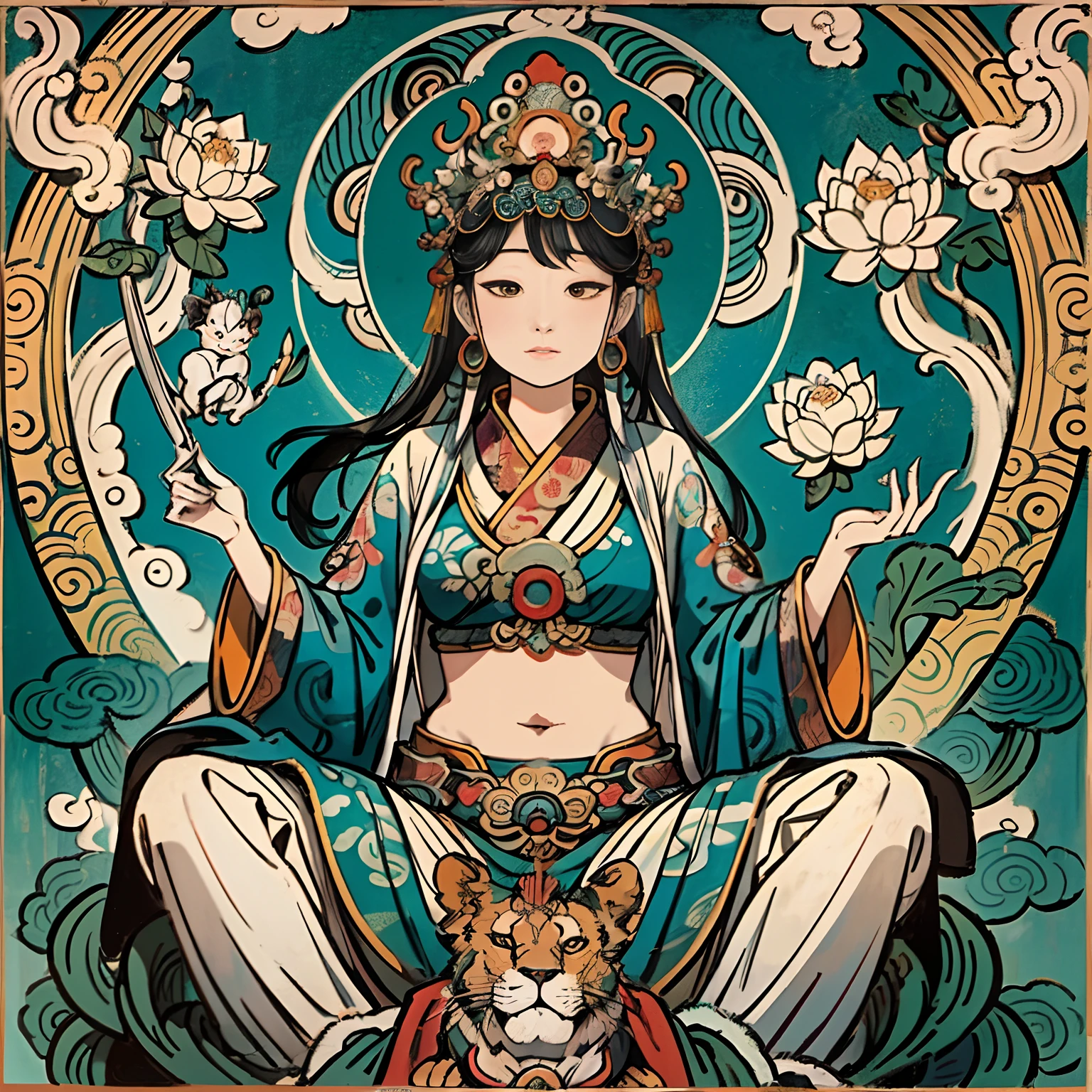an ancient Chinese goddess, guanyin of the southern seas, Guanyin, Inspired by India, Avalokiteshvara rides a lion,,Serene expression,shui mo hua,Buddha,Buddhist,Lotus,Chinese painting style,Thangka style