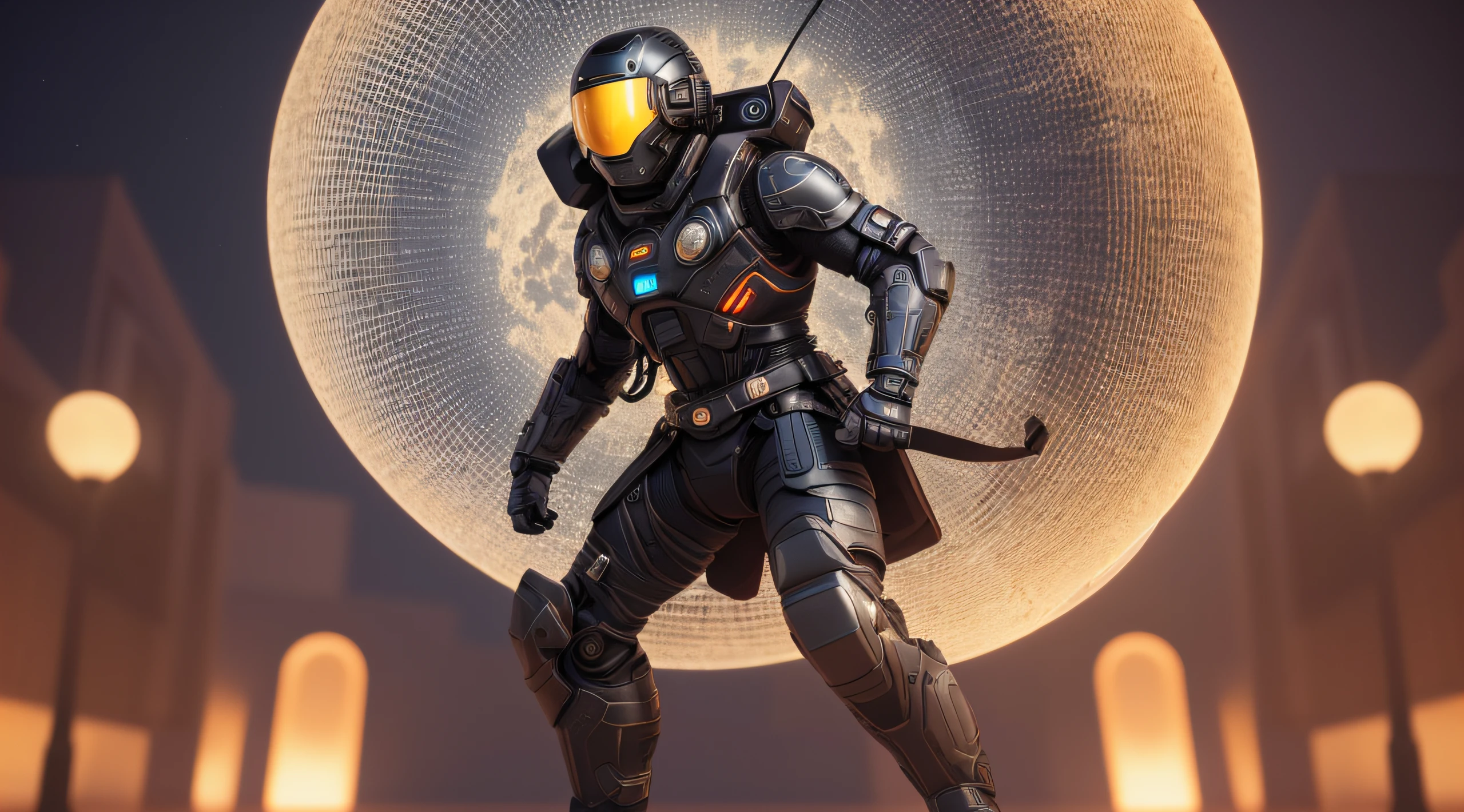 (full body, (dynamic pose), action pose), (rim lighting, studio lighting, distant moon light, night, bloom), (cinematic, best quality, masterpiece, ultra HD textures, highly detailed, hyper realistic, intricate detail, 8k, photorealistic, concept art, matte painting, autodesk maya, vray render, ray tracing, hdr), (dslr, full frame, 16mm focal length, f/8 aperture, dynamic perspective, dynamic angle, golden ratio, wide photography, wide field of view, deep depth of field, zoom out) techwear, urbansamurai 3d, realistic cyborg in a cyberhelmet head
