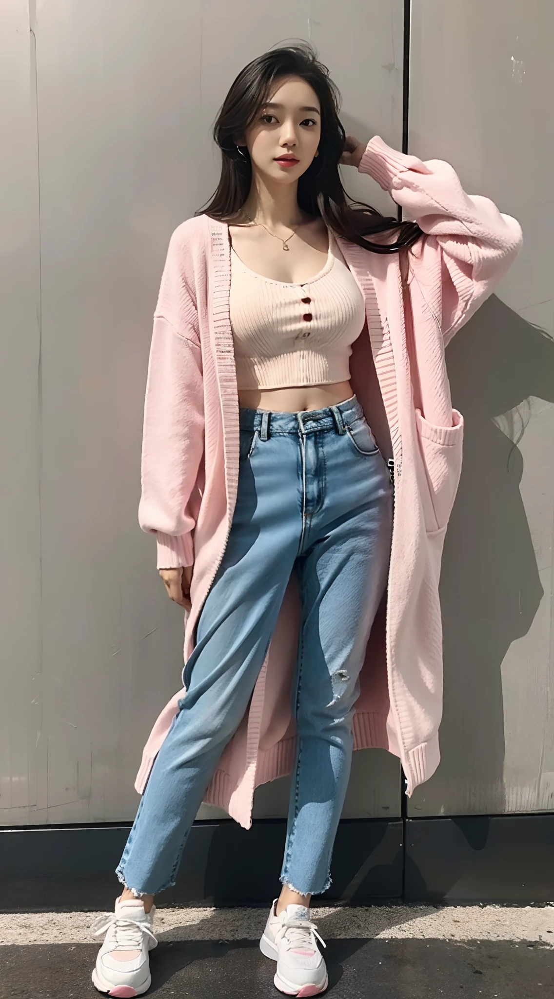 A pure girl,One guy,solo person,独奏,Pure,adolable,with a good figure,Student head,Pure,adolable,Pink cardigan sweater,loose sweater,did not wear underwear,tight-fitting,smallunderboob,cleavage,Big breasts Thin waist,T-pants,See panties,((Sneakers 1.2))Thin leg((Full body photo 1.2)),Back against the wall,Side Body,in the gym,Cocked buttocks