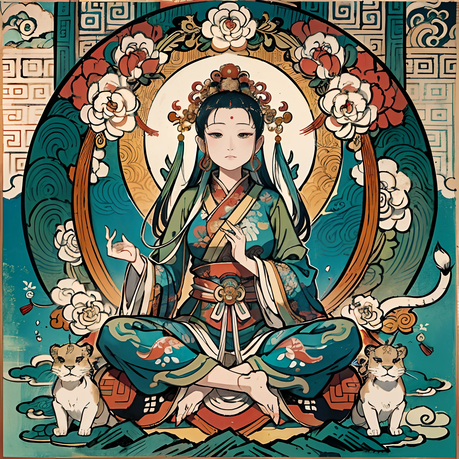 an ancient Chinese goddess, guanyin of the southern seas, Guanyin, Inspired by India, Avalokiteshvara rides a lion,,Serene expression,shui mo hua,Buddha,Buddhist,Lotus,Chinese painting style,Thangka style