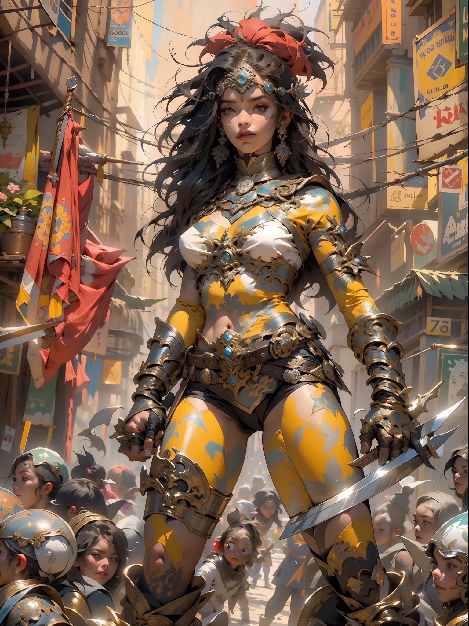 (((mulher))), (((melhor qualidade))), (((obra prima))), (((adulto))), Uma guerreira mulher de 35 anos com corpo perfeito, Gladiadores do Brooklyn, (( sob os peitos )), Bandeira do Brasil sob os , quase nua no estilo selvagem urbano de Simon Bisley para a capa da revista Heavy Metal, Minimum clothing diamond stones made, armadura cheio de pontas e rebites, tatuagem tribal, (((do joelho pra cima))), cabelo desalinhado, carnival costume