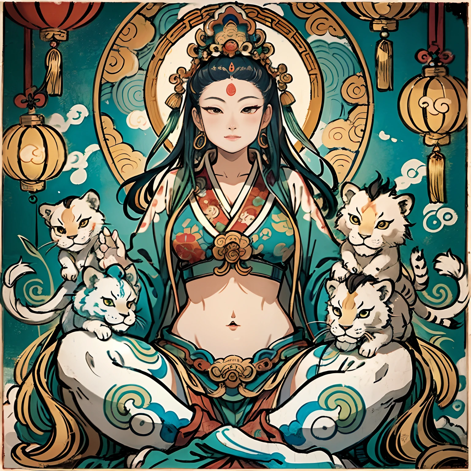 an ancient Chinese goddess, guanyin of the southern seas, Guanyin, Inspired by India, Avalokiteshvara rides a lion，,Serene expression,shui mo hua,Buddha,Buddhist,Lotus,Chinese painting style,Thangka style