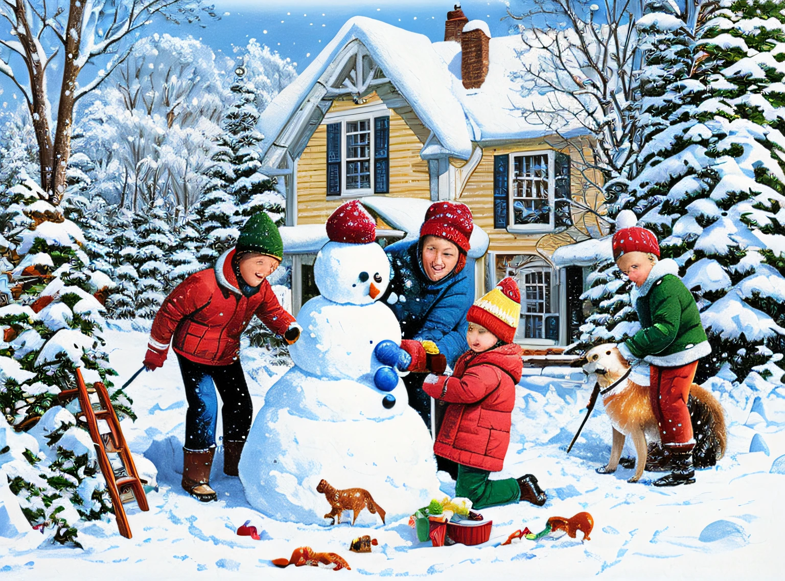 painting of a couple and their dog building a snowman in the snow, by Don Reichert, by Carol Bove, children's, by Howard Lyon, winter painting, by Ron Walotsky, by Rob Alexander, full color digital illustration, full color illustration, ( art fitzpatrick ), snow, added detail, woo kim, john park, by senior artist
