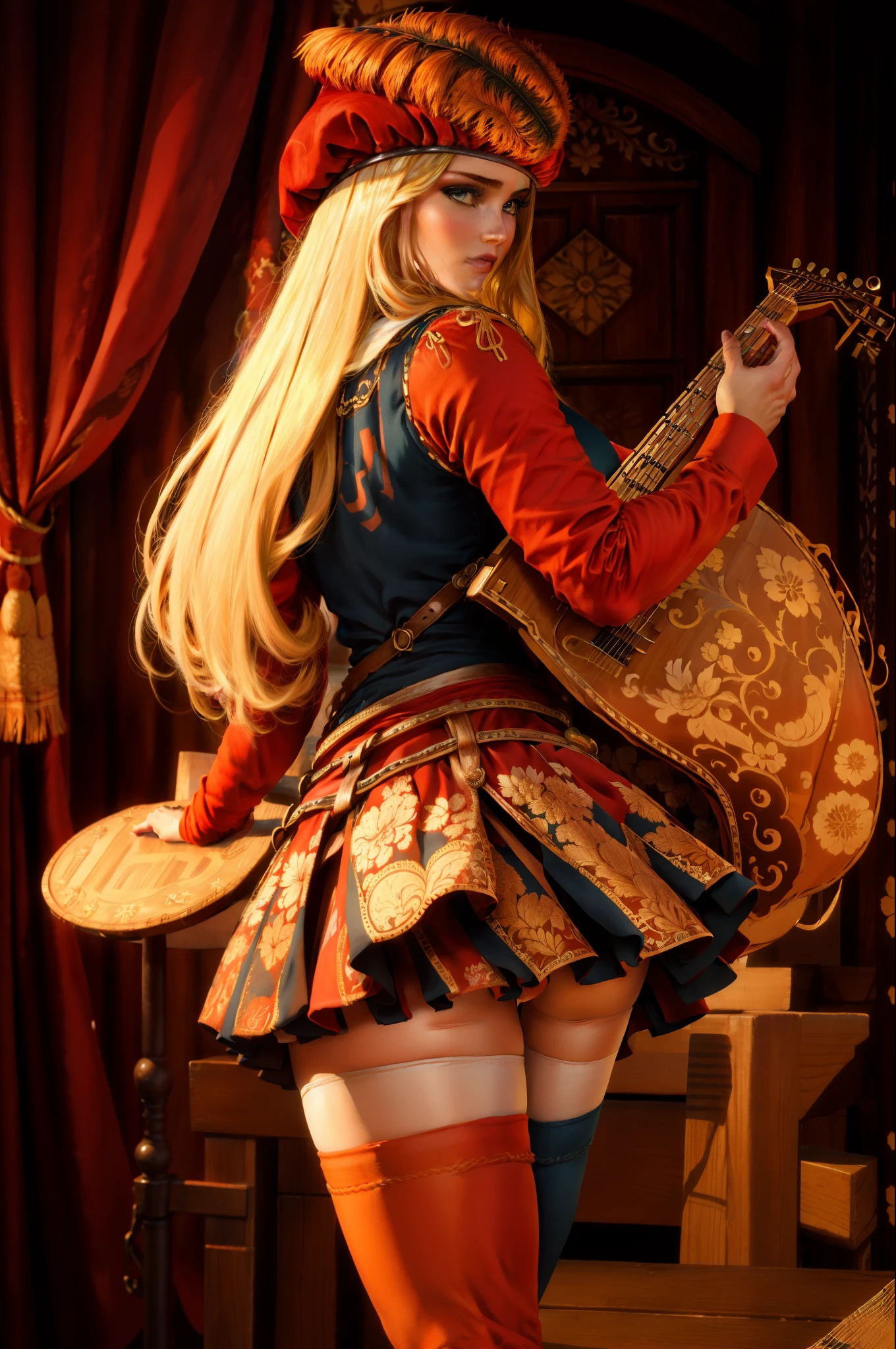 (masterpiece, top quality, best quality, official art, detailed:1.2), priscillaW3, 1girl, solo, long hair, red skirt, blonde hair, long sleeves, red hat, holding, looking to the side, instrument, realistic, music, playing instrument, holding instrument, (from behind:1.4), beautiful white stockings with floral pattern and garter belts, plumb ass, thick thighs, thin waist