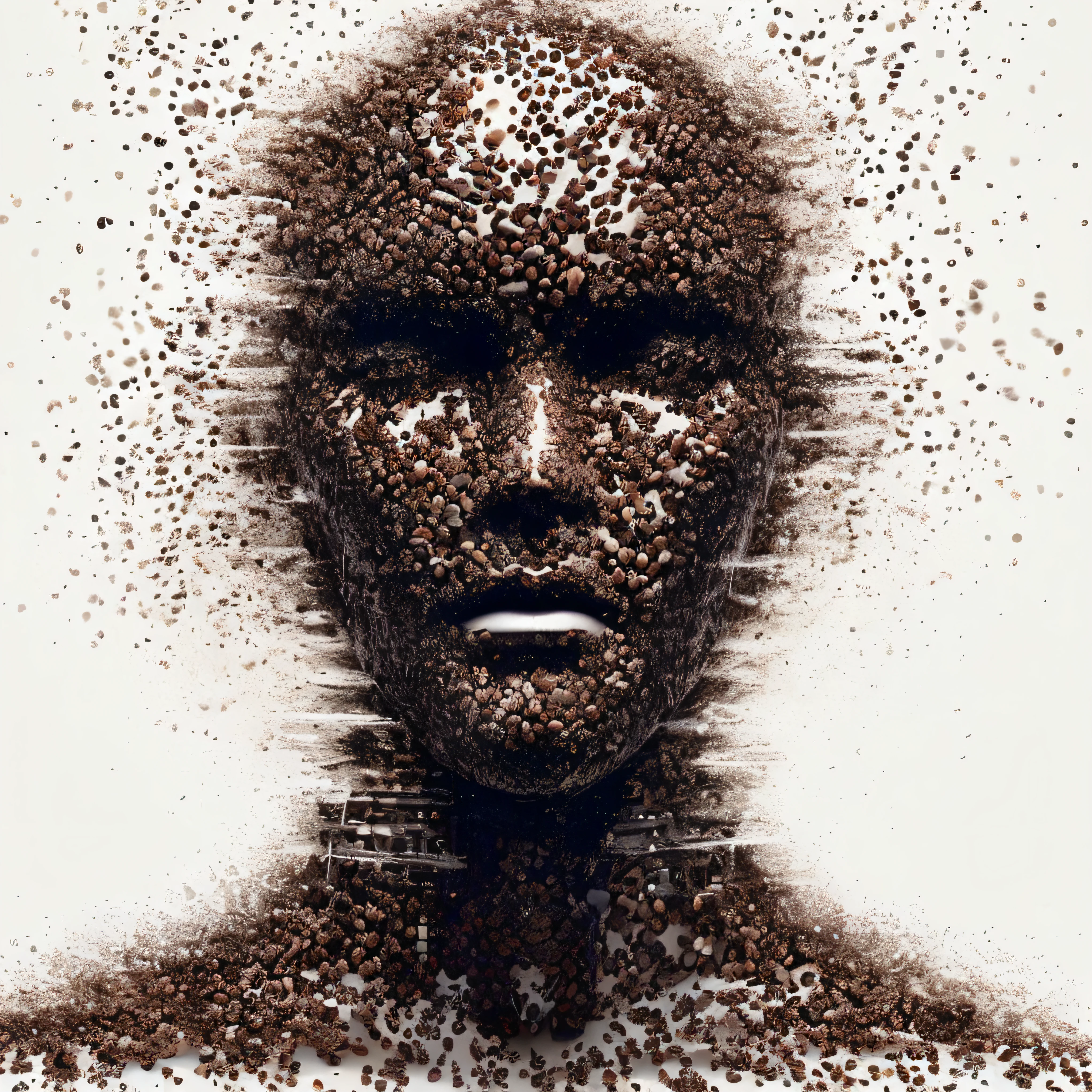 A closeup of an android robot with a face made of coffee beans, machine parts embedded into face, inspirado em Igor Morski, coberto de olhos humanos, retrato humanoide, derretimento do rosto, intrincada obra de arte digital, dramatic artwork, rosto coberto de sujeira, obras de arte impressionantes, rosto feito fora do planeta, Retrato do humanoide masculino, Sylvain Sarrail e Igor Morski