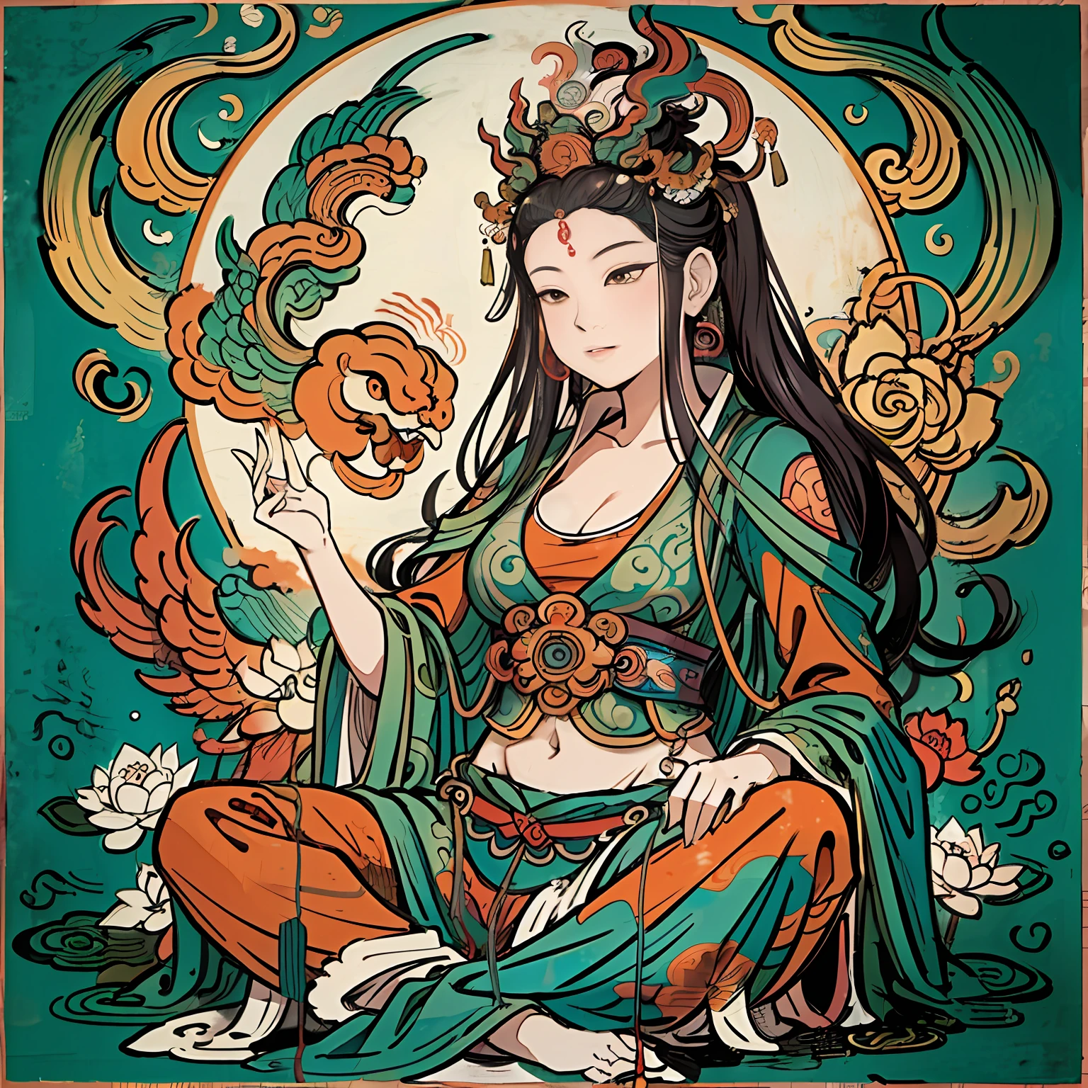 an ancient Chinese goddess, guanyin of the southern seas, Guanyin, Inspired by India, Avalokiteshvara rides a phoenix，,Serene expression,shui mo hua,Buddha,Buddhist,Lotus,Chinese painting style,Thangka style