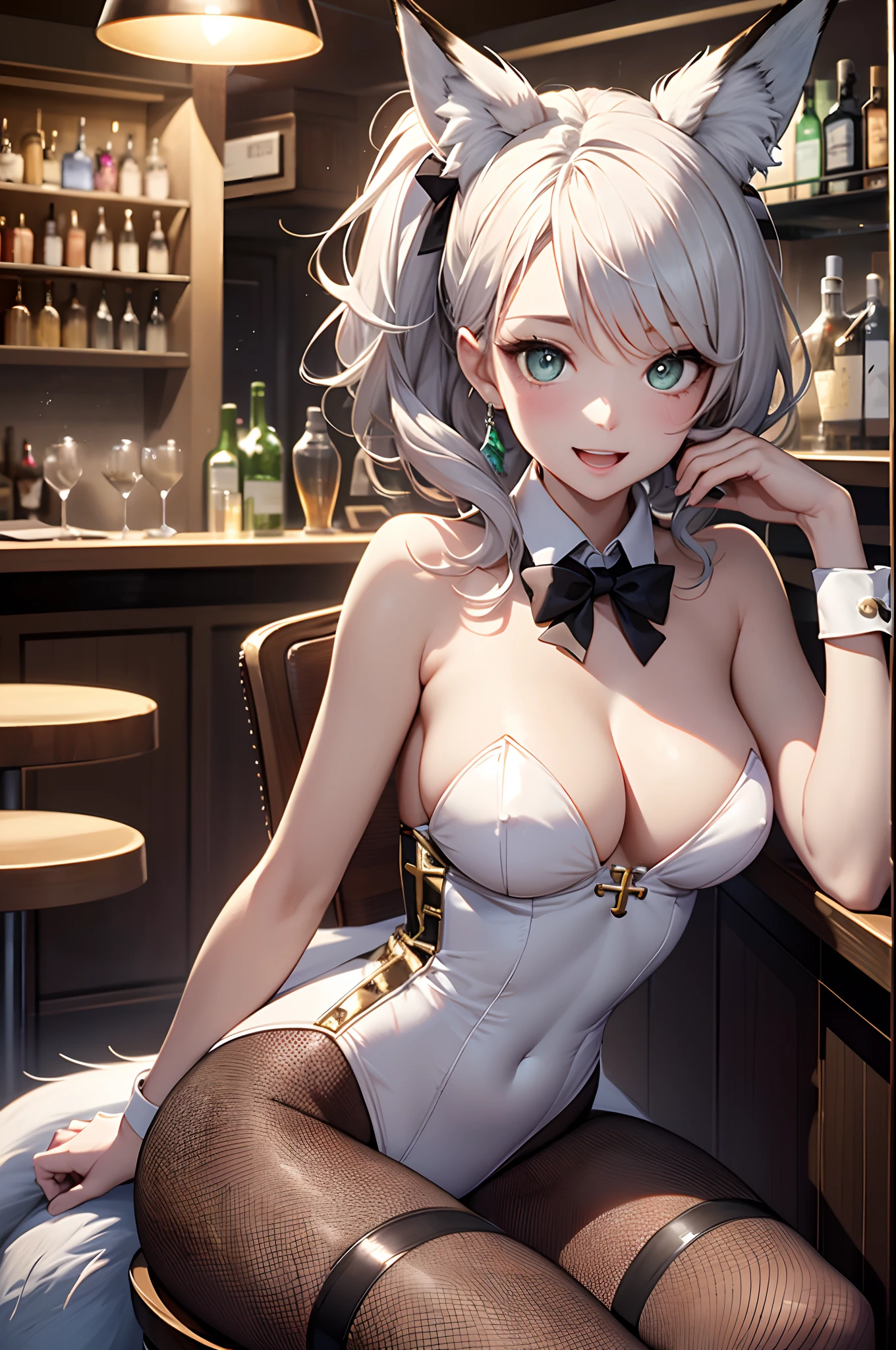 (extremely details CG、8K Wallpapers)、(extremely delicate and beautiful)、(​masterpiece)、(top-quality:1.0)、(超A high resolution:1.0)、beautiful  lighting、perfect lightning bolt、realistic shadow、[hight resolution]、Detailed skin、ultra-detailliert、detailed faces and eyes、Realistic eyes、Sharp pupils、sideshot、Full body, (a bar counter、shop front:1.4)、beauitful face、blurry backround、16-year-old beautiful girl、shinny skin, (１The fox tail of the book grows:1.4)、Beautiful silver hair、short-hair、(poneyTail:1.2)、green colored eyes、Fox ears、hair adornments、Naughty look、Smile with open mouth、Curve、(Playboy Bunny Girl:1.2)、White High Cut Leotard、Cuffs、a bow tie、Wearing fishnet stockings、(Sit in a chair and cross your legs:1.3)、Drinking alcohol、