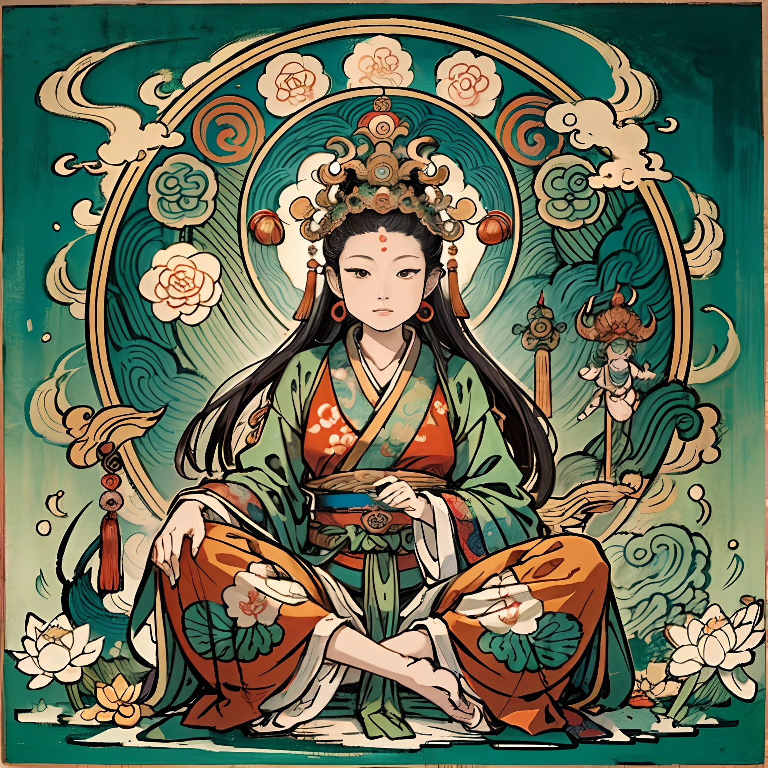 an ancient Chinese goddess, guanyin of the southern seas, Guanyin, Inspired by India, Avalokiteshvara rides a phoenix，,Serene expression,shui mo hua,Buddha,Buddhist,Lotus,Chinese painting style,Thangka style