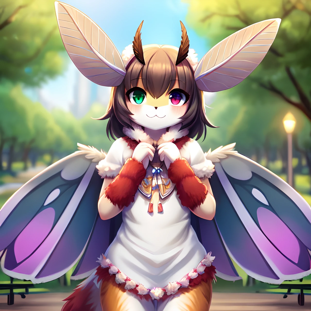 ((cute anthro moth)), female, heterochromia, with gray butterfly wings, full body covered with colorful fluffy fur, full body, intricate, detailed, sharp focus, blurry background, park background, trending on Pixiv, 4k