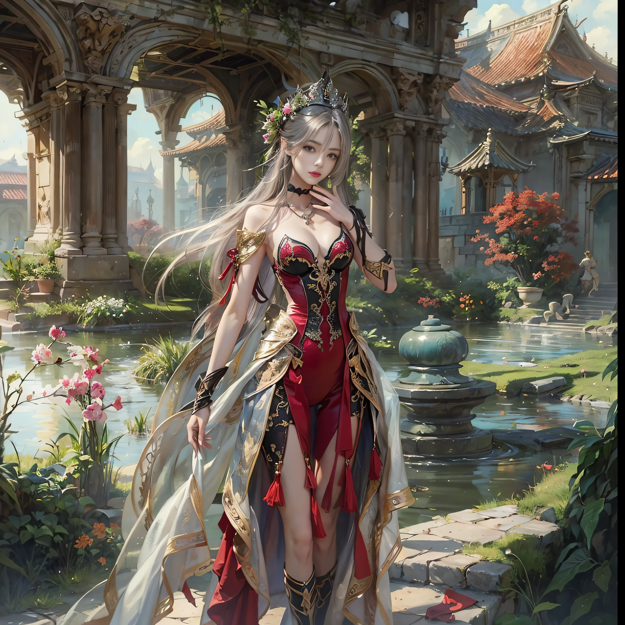 ((​masterpiece:1.4)、(top-quality:1.4)、(reallistic:1.7))、Beautiful girl strolling in the garden of fantastic ancient city、Sexy Daughter、Super beautiful girl、1girl in:1.4、Dress like a queen、Glossy luxury latex、Luxury Latex Bodysuit、By Luis Royo、age19、Super Ultra Ultra Bikini、Outstanding style、(Two legs are drawn correctly:1.7)、(Two arms:1.4)、anatomical correct、Slender Abs、(beauty legs:1.4)、beautiful countenance、kawaii faces、Beautiful ass、A detailed eye、beautidful eyes、Raw photo、red-lips、Red high heels、a choker、a necklace、耳Nipple Ring、Fantasy of an ancient city、Fantasy worldview