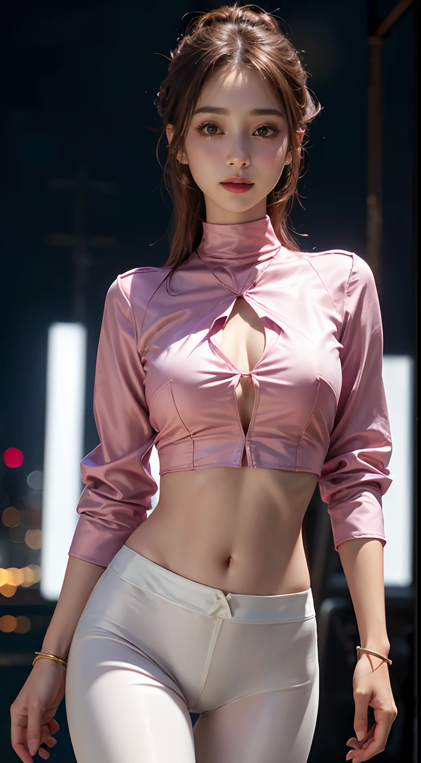 8k, masterpiece, RAW photo, best quality, photorealistic, extremely detailed CG unity 8k wallpaper, Depth of field, Cinematic Light, Lens Flare, Ray tracing, (extremely beautiful face, beautiful lips, beautiful eyes), intricate detail face, ((ultra detailed skin)) 1girl, in the dark, deep shadow, pretty korean girl, kpop idol, 1 girl, (very slim slender fit-muscled body:1.3), ((looking at viewer)),(big smile:1.3), (tight pink pants), (laced mini pants), (midnight, dark night, (neon sign), (blurred background), dim light), (without people in the background:1.3), beautiful earrings, bracelets, necklace, pantyhose, clear eyes, walking , front shot, (pale skin), (big eyes), face forward, (full body shot), ((silk hot pink shirt)), (brown hairs), (laced shirt), open navel, (looking at viewer:1.3) very slim, medium breasts, hermes bag, (camel toe), thick thighs, updo hairs