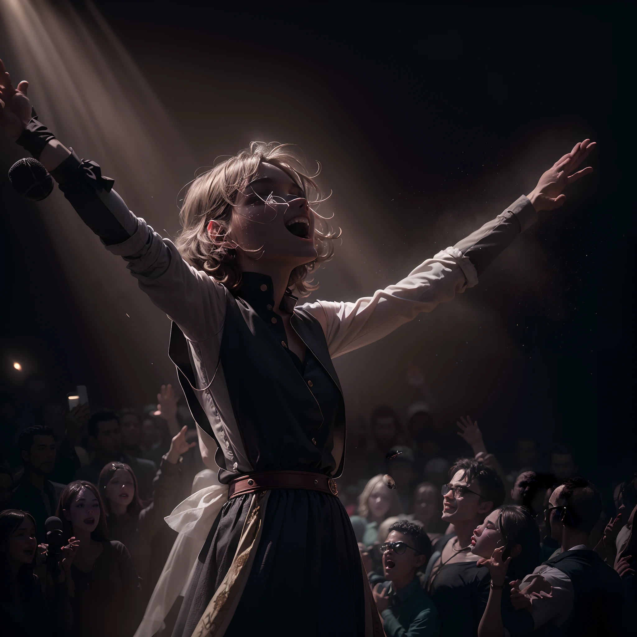 An ethereal photograph that captures an idol singer with a microphone in his hand, in the midst of a dynamic performance on stage. Bathed in a spotlight, Su radiante sonrisa atraviesa la oscuridad mientras bailan, rodeado por un torbellino de gente enloquecida. The energy of the crowd is palpable, his outstretched hands trying to touch the ephemeral magic that this artist embodies. Photography freezes this moment of euphoria, making him immortal.