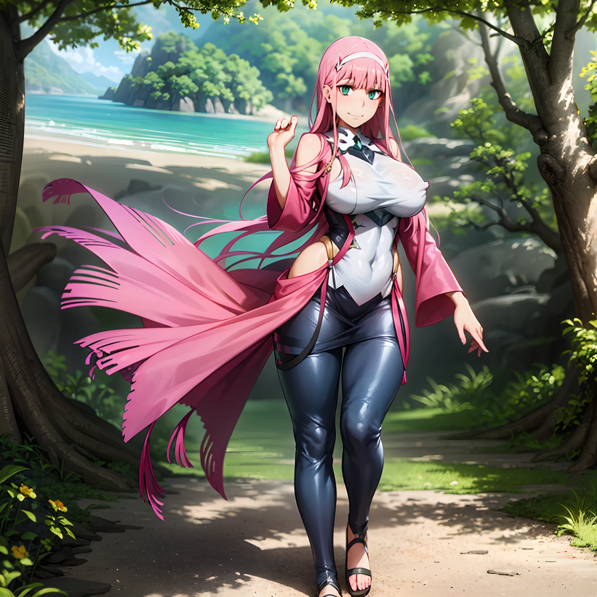 masterpiece, best quality, 1girl, looking at viewer, cute, beach, sunlight, ocean, medium breasts, thighhighs, black thighhighs, green eyes, zero two \(darling in the franxx\), pink hair, beautiful detailed eyes, beautiful detailed glow, lots of glow, arms behind head, embarrassed,, long dress, walking, long skirt, modest, victorian clothing, lodress, pants, smile, big breast, long skirt, skirt, pants, flipflops waiting to start