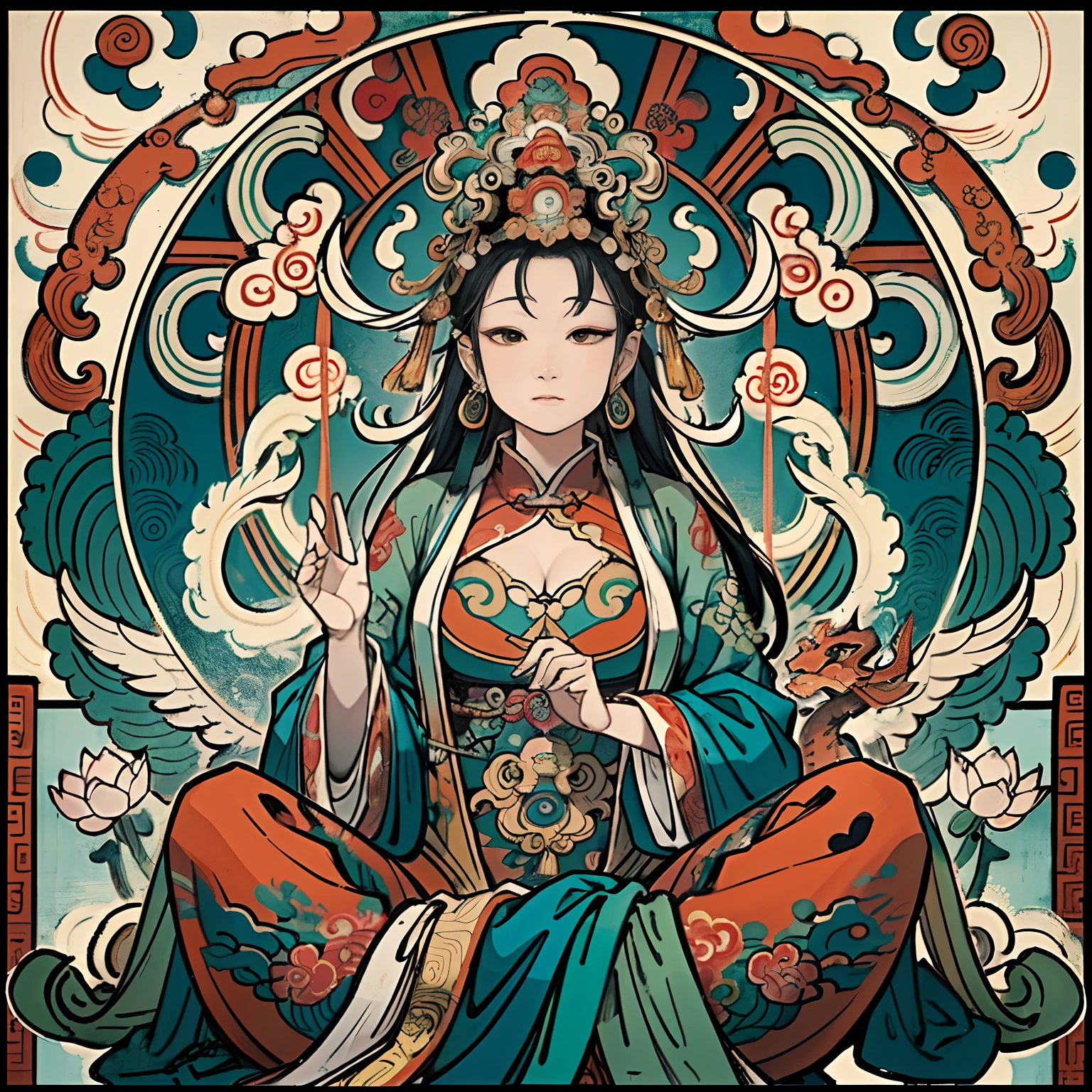 an ancient Chinese goddess, guanyin of the southern seas, Guanyin, Inspired by India, Avalokiteshvara rides a dragon,,Serene expression,shui mo hua,Buddha,Buddhist,Lotus,Chinese painting style,Thangka style