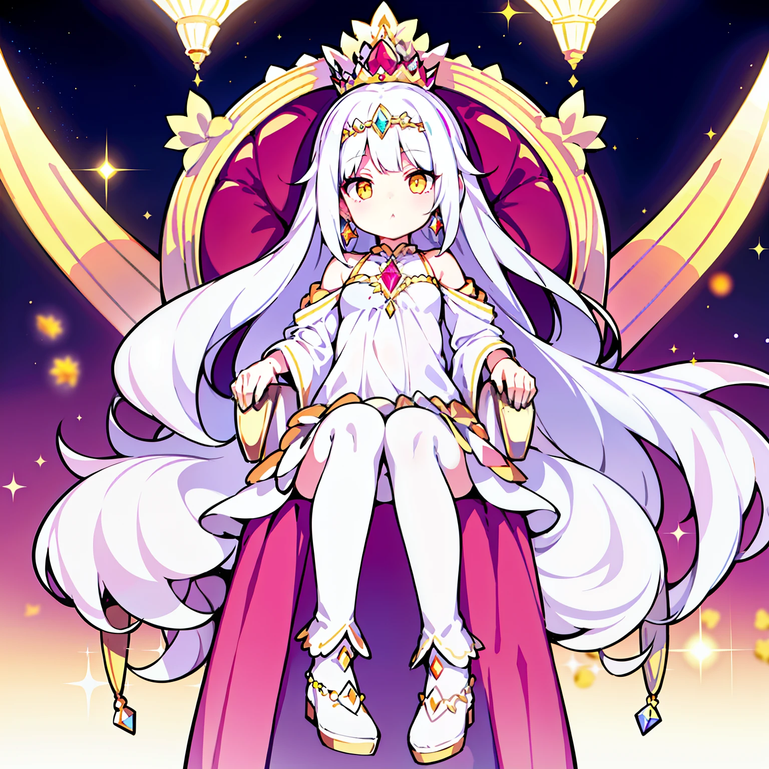 Girl, personality, charm, cute,sunflower earrings,long silky white hair, bright yellow eyes,sitting on a throne, head wearing ruby and diamond crown, flat bangs,outdoors, the space in the palace sparkled, with the surrounding crystal pillars,The small mouth opened slightly,The light was faint,The cheeks were slightly flushed,White hair,White hair,White hair, and shining with a high look luxury jewelsCrystal shoesfoot necklace, gem necklace