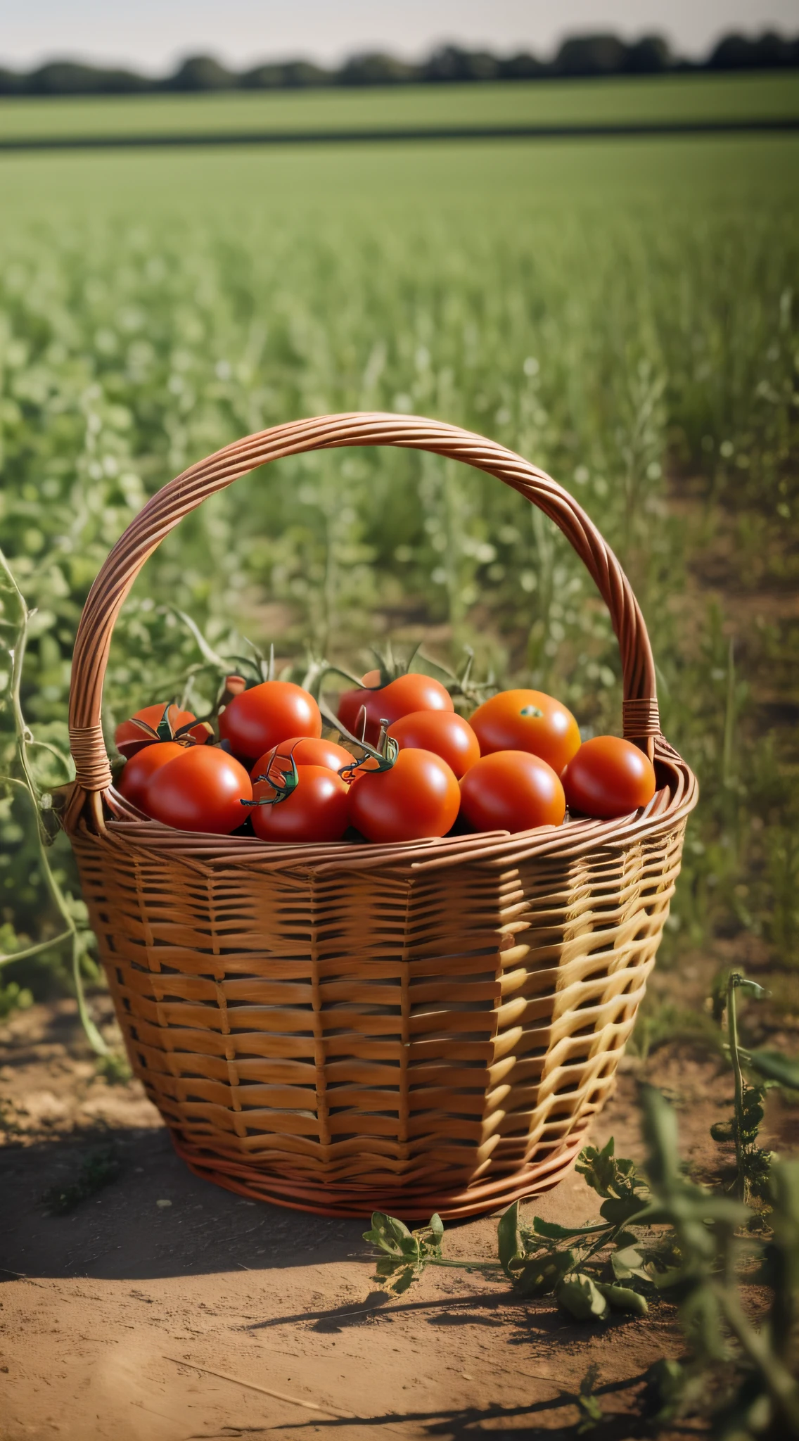 Basket with tomatoes in front of the camera, on a field,