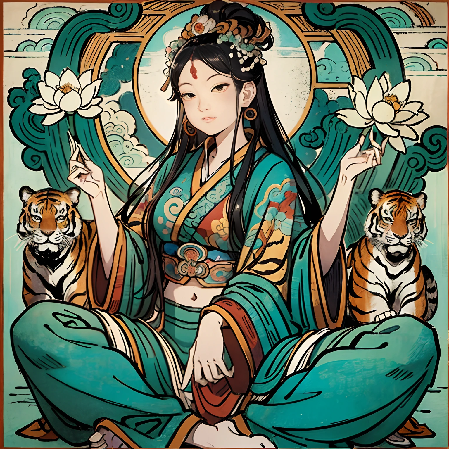 an ancient Chinese goddess, guanyin of the southern seas, Guanyin, Inspired by India, Avalokiteshvara rides a white tiger，,Serene expression,shui mo hua,Buddha,Buddhist,Lotus,Chinese painting style,Thangka style, (nsfw:2.0), (naked:2.0)