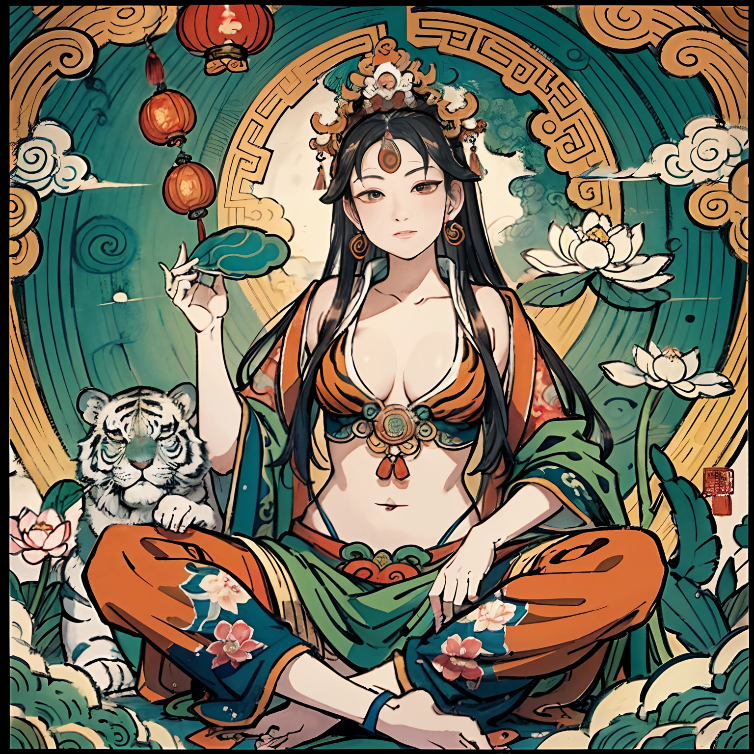an ancient Chinese goddess, guanyin of the southern seas, Guanyin, Inspired by India, Avalokiteshvara rides a tiger,,Serene expression,shui mo hua,Buddha,Buddhist,Lotus,Chinese painting style,Thangka style