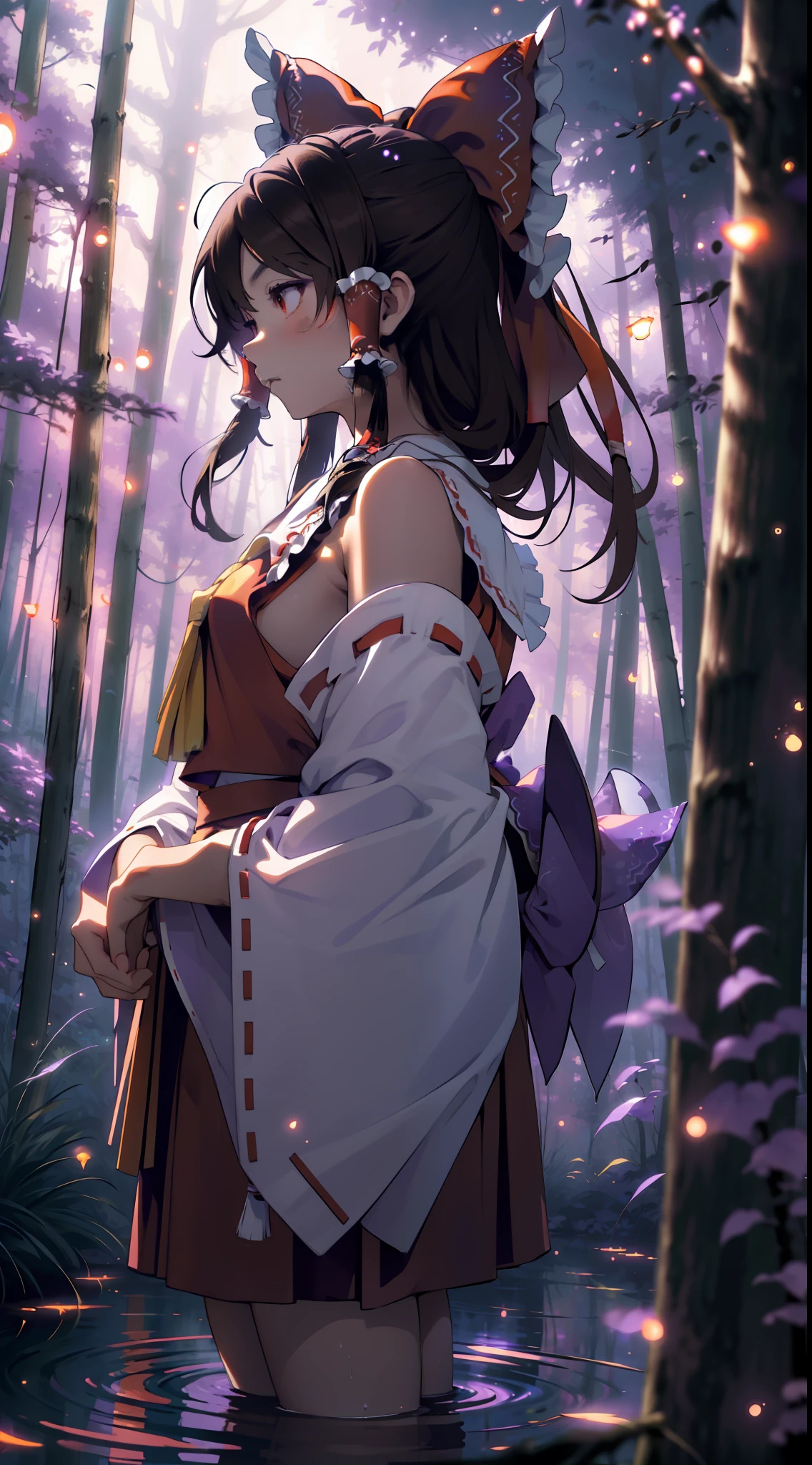 ((detailed background, masterpiece, best quality, 1girl, Hakurei Reimu, brown hair, hair tubes, hair ribbon, brown eyes, nontraditional miko, a forest full of purple and white trees, fireflies, water, purple theme, white theme, mystical, magical,))