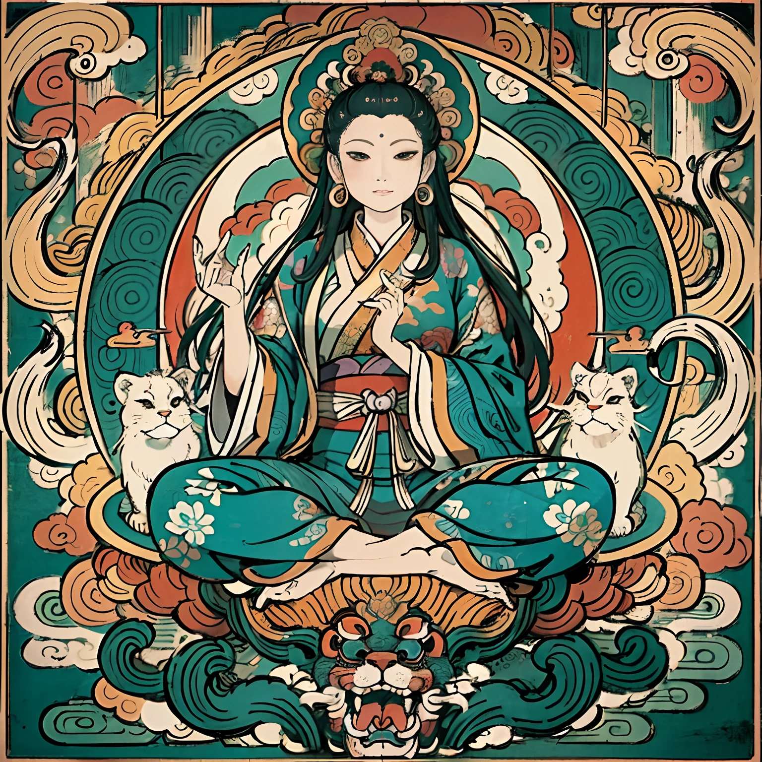 an ancient Chinese goddess, guanyin of the southern seas, Guanyin, Inspired by India, Avalokiteshvara rides a lion，,Serene expression,shui mo hua,Buddha,Buddhist,Lotus,Chinese painting style,Thangka style