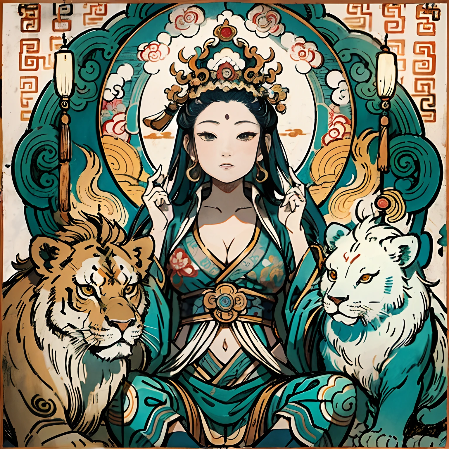 an ancient Chinese goddess, guanyin of the southern seas, Guanyin, Inspired by India, Avalokiteshvara rides a lion,,Serene expression,shui mo hua,Buddha,Buddhist,Lotus,Chinese painting style,Thangka style