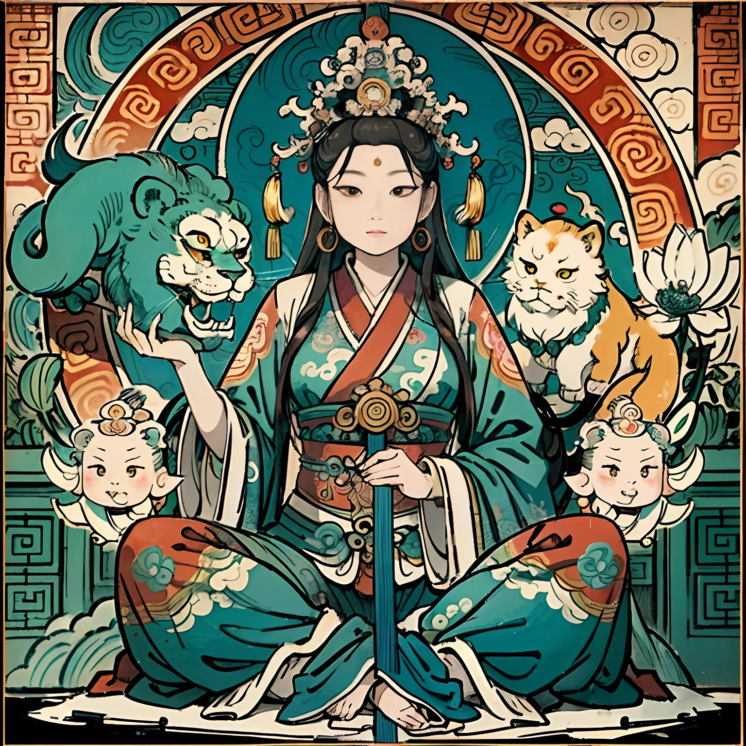 an ancient Chinese goddess, guanyin of the southern seas, Guanyin, Inspired by India, Avalokiteshvara rides a lion,,Serene expression,shui mo hua,Buddha,Buddhist,Lotus,Chinese painting style,Thangka style