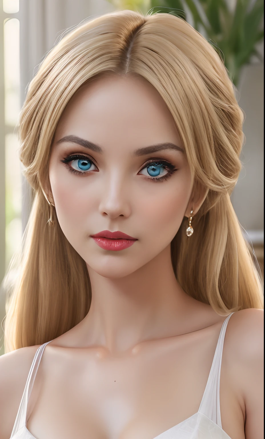 8K resolution, 4K resolution, highest quality, high resolution, ultra high resolution:1.1), (masterpiece-level, highly realistic, incredibly lifelike:1.1), one female character, extremely detailed facial features, close-up shot, hair styled in twintails, blonde hair color, black eyes, red lips, ((generous bust)), (Wide bar turning), (curvaceous hips), (slender waist), (direct eye contact with viewer:2), gorgeous long hair, lengthy eyelashes, subtle eyeshadow, petite face, MESMERIZING eyes, exposed shoulders, striking contrast, ultra-clear visuals, exceptional intricacy, 8K resolution, Blushed cheeks, appealing collarbone, elegant shoulders, flushed complexion, Nikon Z9 camera, 30mm lens, well-focused facial details, aperture at f/4, ISO set to 200, shutter speed of 1/250, flattering lighting, mid-range shot, unprocessed image file, meticulously crafted details, photograph with accolades, well-balanced contrast, high level of sharpness, balanced facial proportions, background blur (bokeh), highly-detailed