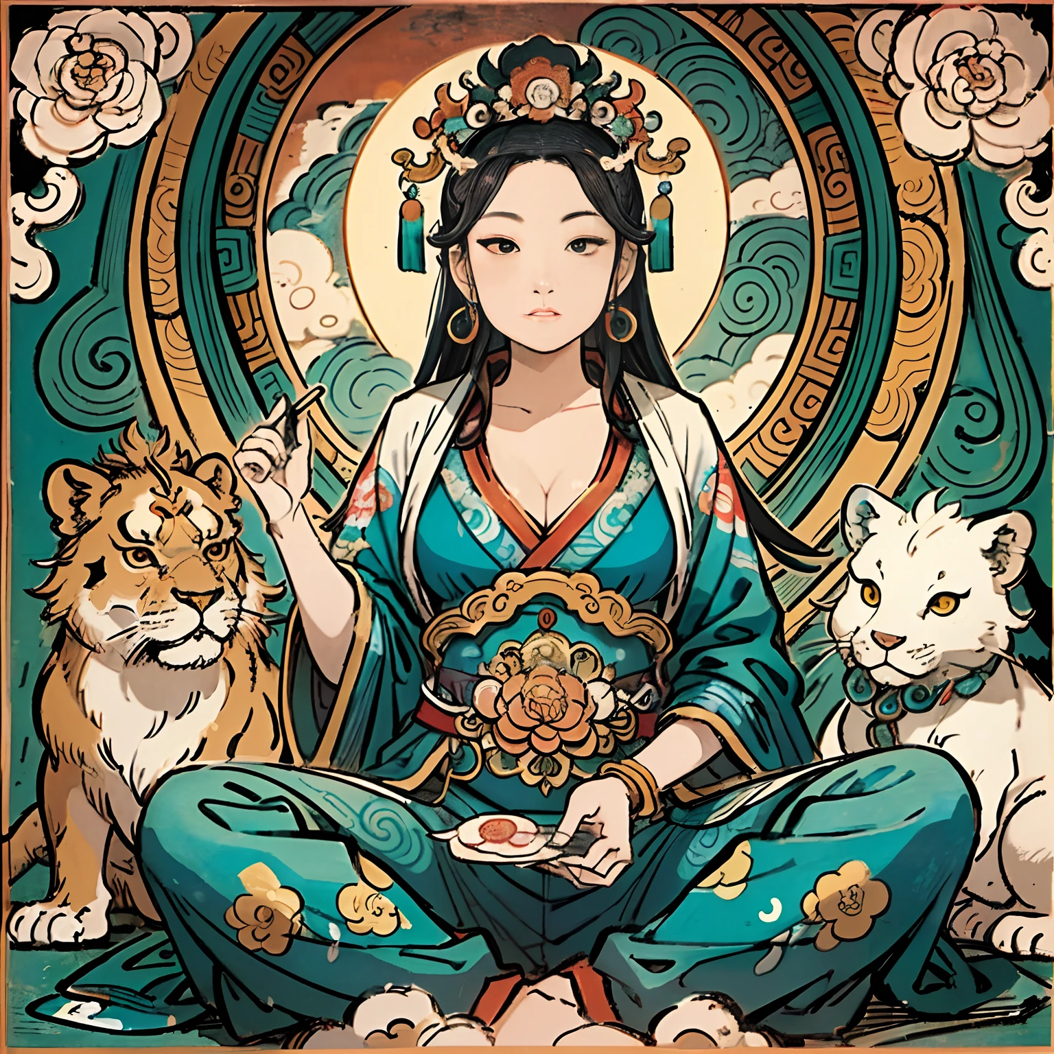 an ancient Chinese goddess, guanyin of the southern seas, Guanyin, Inspired by India, Avalokiteshvara rides a lion，,Serene expression,shui mo hua,Buddha,Buddhist,Lotus,Chinese painting style,Thangka style