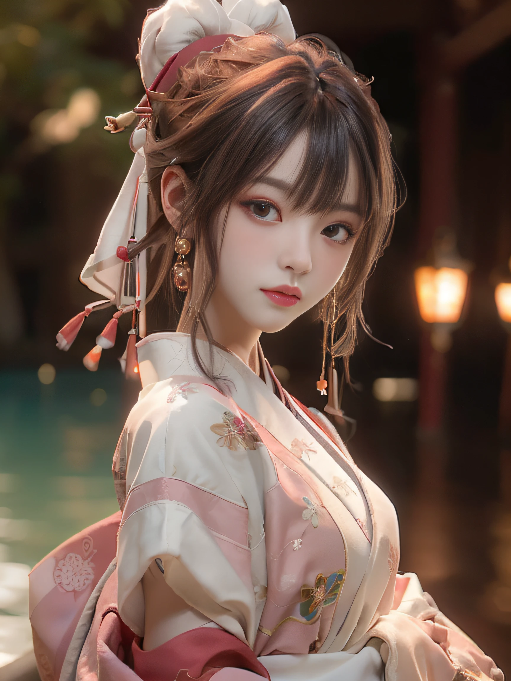 (Best Quality: 1.3, Masterpiece: 1.3), Ultra HD, (1girl, solo), atmospheric perspective, fine face, upper body, makeup, pink lips, cleft lips, shiny skin, (brown hair), extra long hair, looking in front of the audience, red eyes, earrings, small breasts, slim figure, (white silk), (((East Asian architecture, riverside, beautiful background))), perfect lighting, (frontal lighting), physical base rendering,