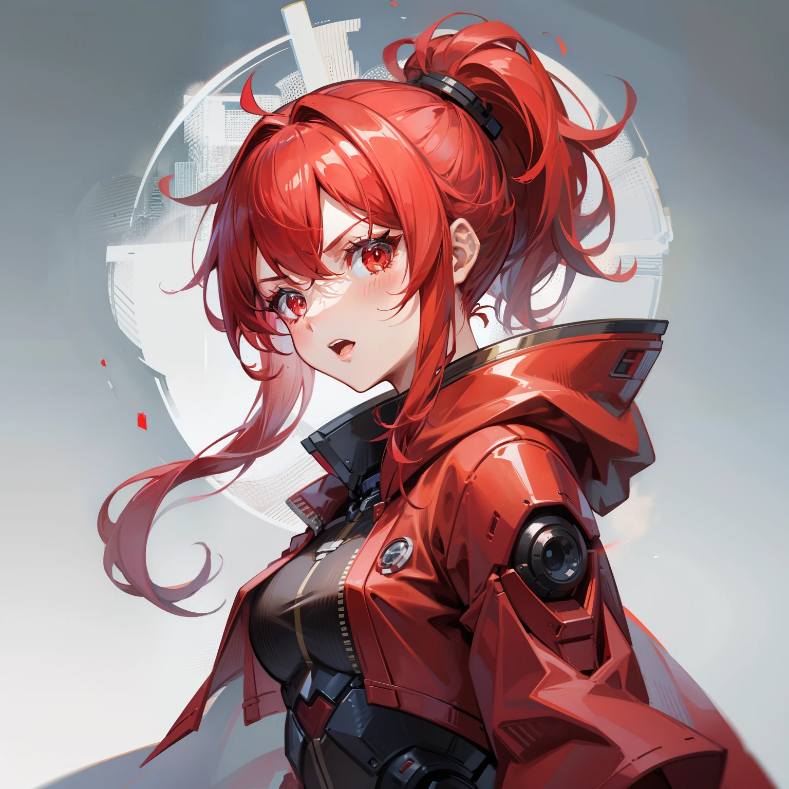 (illustratio)Red ponytail girl,red pupils,Normal right robotic arm,stern expression,wind coat,berate,vred,looking toward the viewer,Open-mouthed