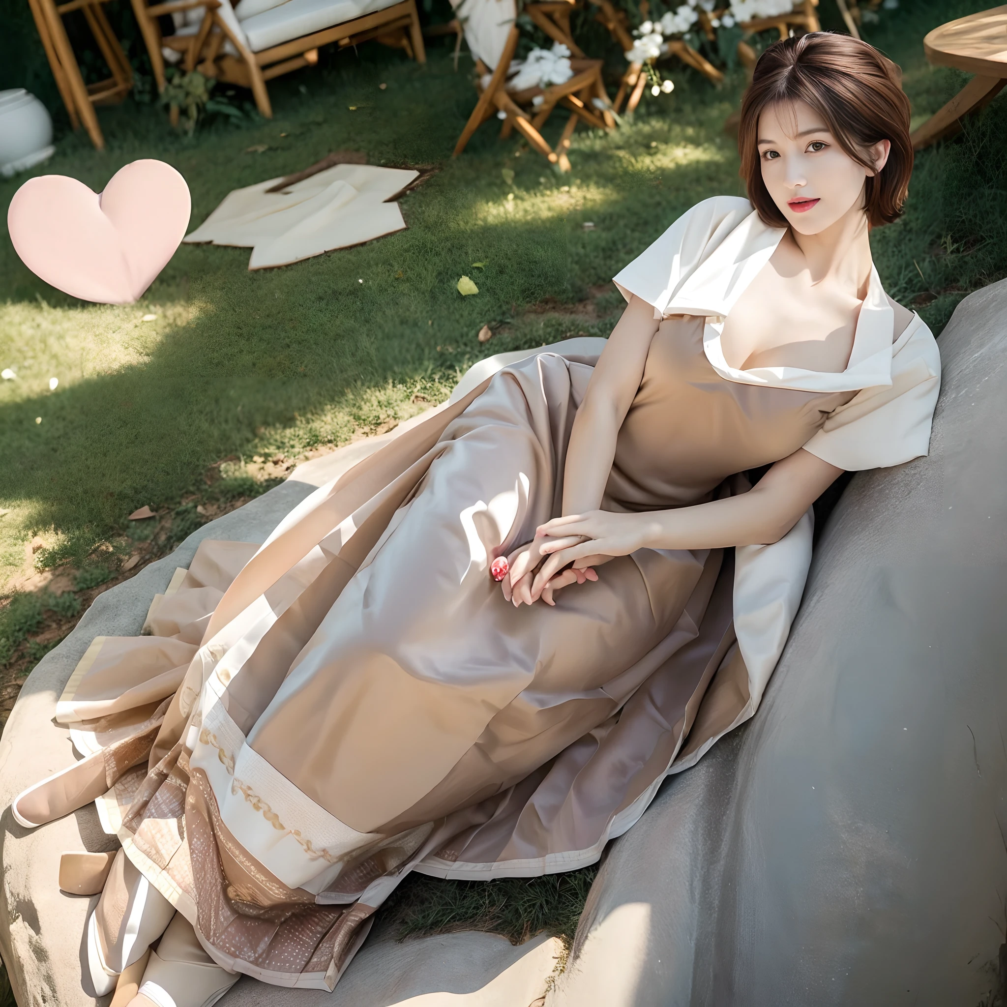 Masterpiece, best quality, high resolution, mature female, House wife, milf, 1girls, 1boys, realistic, fullbody, afterglow, {{in heat}}, {{bare areola}}, sagging, {{{lipstick}}}, makeup, looking down, from below, brown hair, short hair, forehead, seductive smile, heart shaped puplis, woman on top,