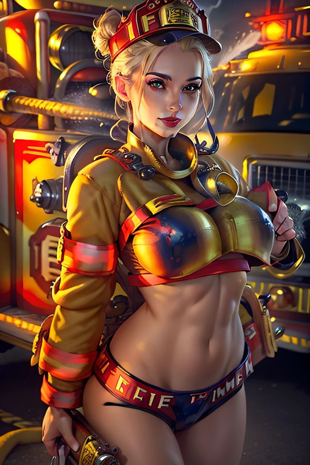 masterpiece, best quality, (photorealistic:1.4), 1girl, full body shot, photo of a beautiful woman, (fireman uniform:1.6), (skinny, athletic:1.1), (bun, blonde hair:1.1), detailed face, smiling, red lipstick, big lips, (medium breasts, perfect breast:1.1), cinematic light, fire-station, firetruck in the background, shirtlift,