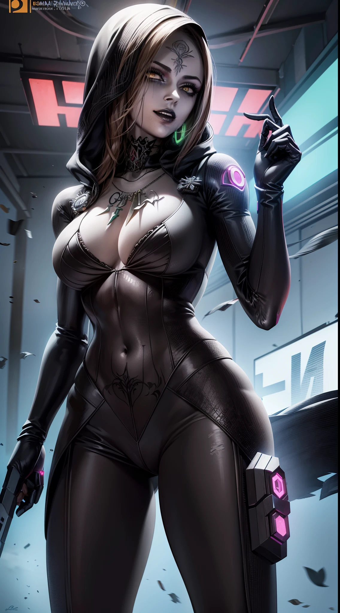 alta resolução, obra-prima, melhor qualidade, uma mulher, Danielav4, roupa futurista, tattoo, estilo cyberpunk neon, ao fundo cidade cyberpunk a noite, corvos, pele finamente detalhada, seios enormes, pernas muito musculosas