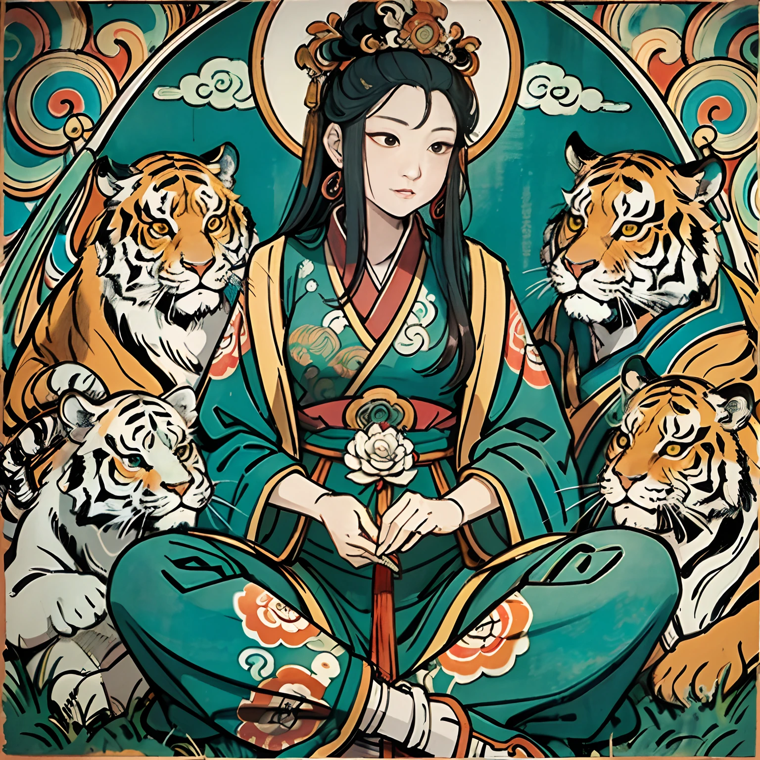 an ancient Chinese goddess, guanyin of the southern seas, Guanyin, Inspired by India, Avalokiteshvara rides a tiger,Serene expression,shui mo hua,Buddha,Buddhist,Lotus,Chinese painting style,Thangka style