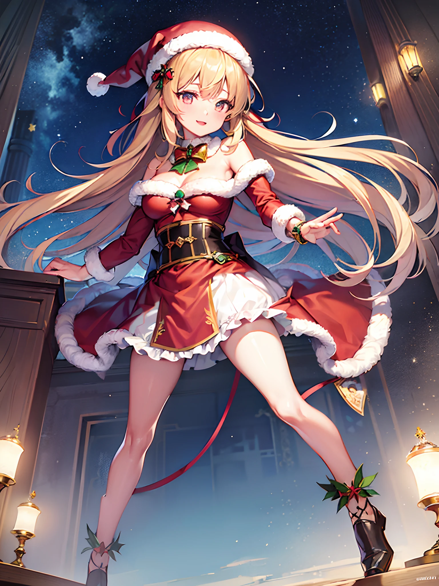 anime, beautiful face, highly detailed face, 2 accurate legs, detailed eyes, highly detailed background, perfect lighting, accurate arms, accurate hands, accurate fingers, full body, 1girl, solo, ruby hoshino, oshi no ko, female santa, sexy santa outfit, santa cape, heels, thighhighs, garter stockings, absurdres, high res, ultrasharp, 8K, masterpiece, looking at viewer (dancing pose:1.4), (full body:1.4), Christmas concert, Christmas idol, performing, on stage, crowd, fans, dancing, smiling with compassion, mouth open smile, full of delight, blushed, cleavage, breast, leaning_forward, sntdrs