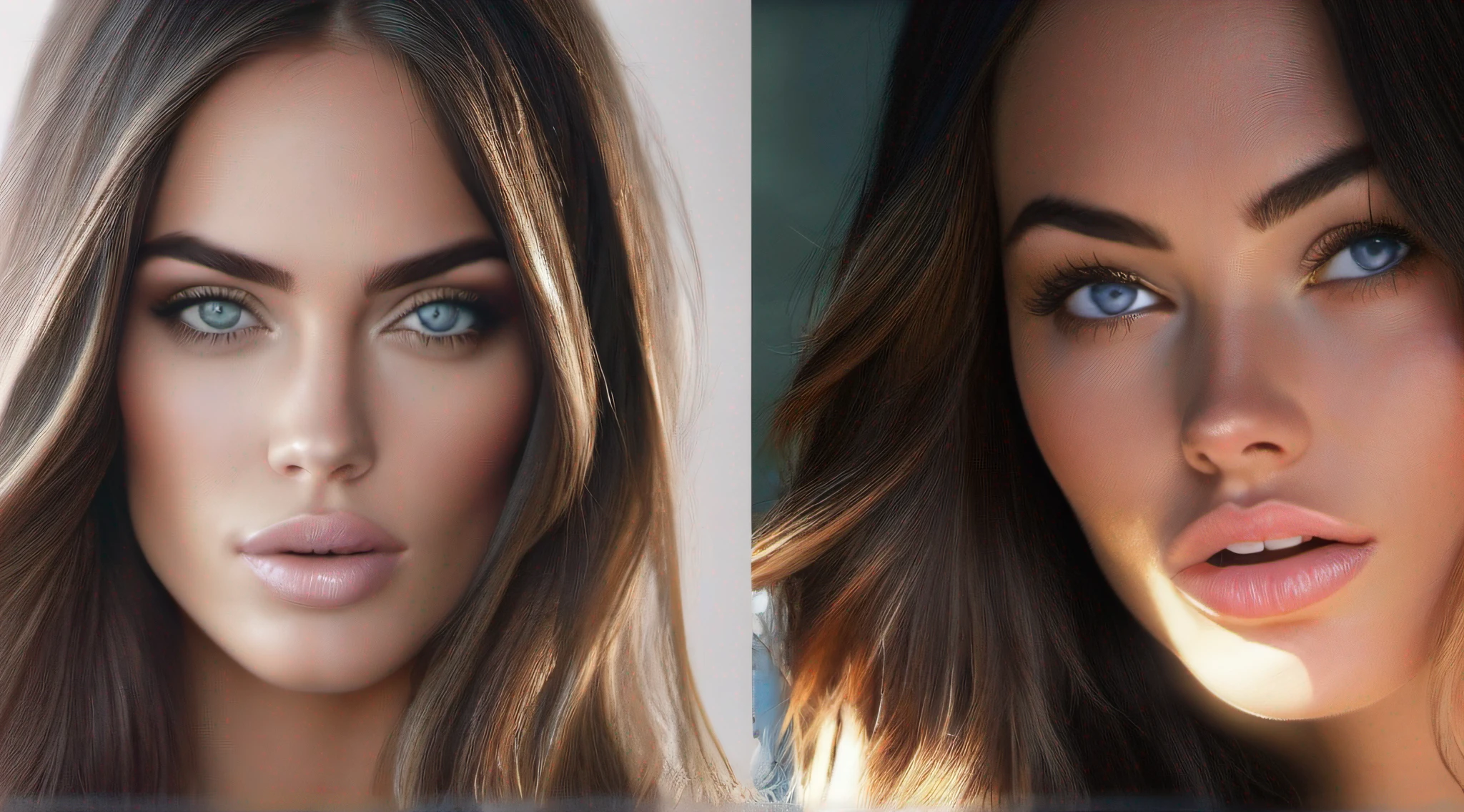 obra-prima, melhor qualidade, (ROSTO DE FRENTE) , ATRIZ DE FILMES MEGAN FOX , bonita, retrato, olhos altamente detalhados,SOMBRANCELHAS DESENHADAS rosto altamente detalhado, olhos perfeitos,BOCA ESTRITAMENTE PERFEITA both eyes are the same, brilho, iridescente, global ilumination, luz suave, luz de sonho, pintura digital, 8k, ULTRA REALISTA CGI extremamente detalhado, 8K extremamente detalhado