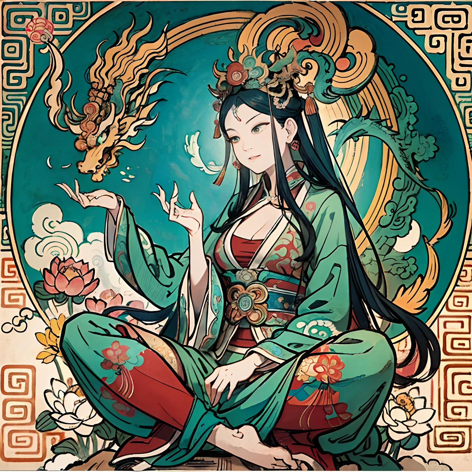 an ancient Chinese goddess, guanyin of the southern seas, Guanyin, Inspired by India, Avalokiteshvara rides a dragon，,Serene expression,shui mo hua,Buddha,Buddhist,Lotus,Chinese painting style,Thangka style