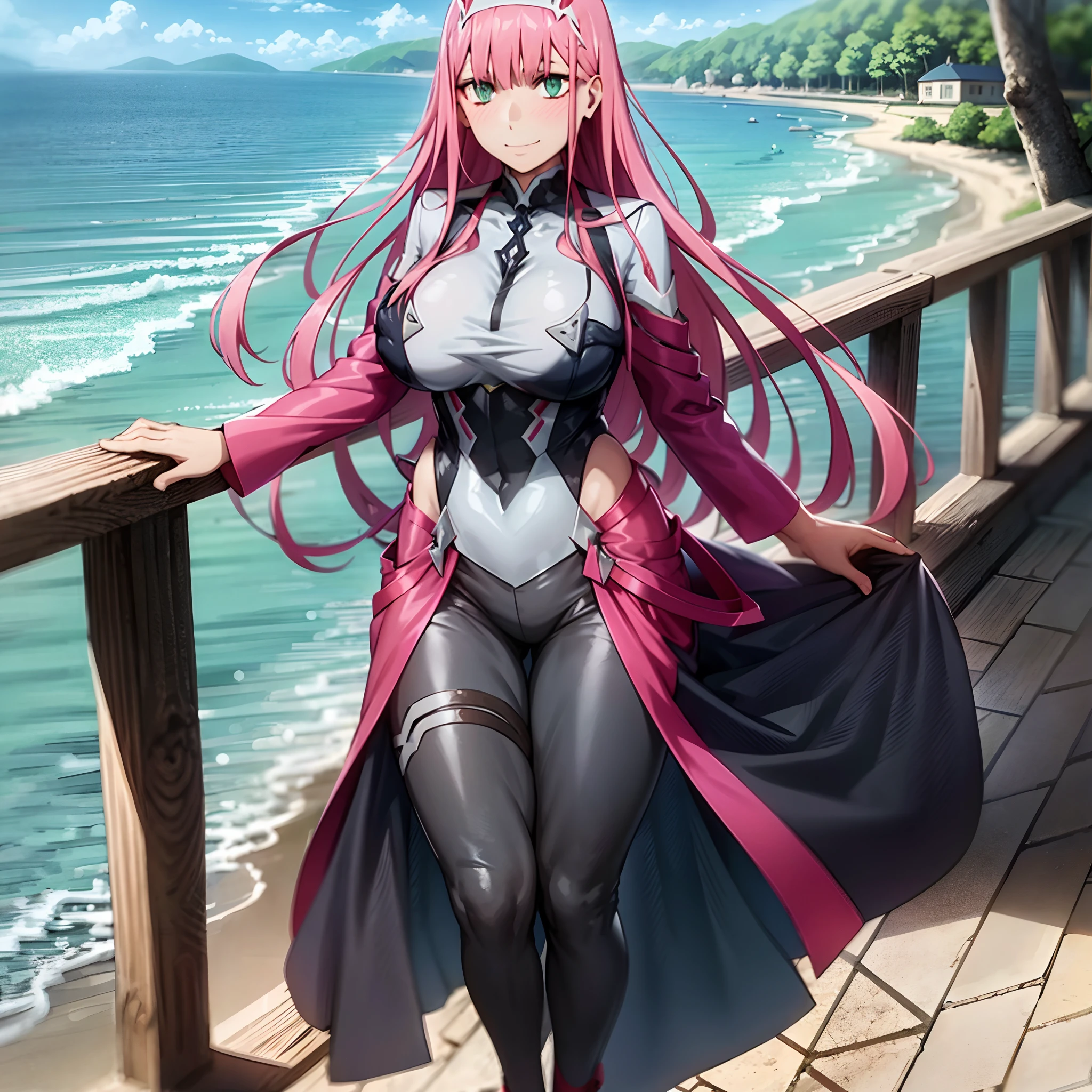 masterpiece, best quality, 1girl, looking at viewer, cute, beach, sunlight, ocean, medium breasts, thighhighs, black thighhighs, green eyes, zero two \(darling in the franxx\), pink hair, beautiful detailed eyes, beautiful detailed glow, lots of glow, arms behind head, embarrassed,, long dress, walking, long skirt, modest, victorian clothing, lodress, pants, smile, big breast, long skirt, skirt, pants, flipflops waiting to start