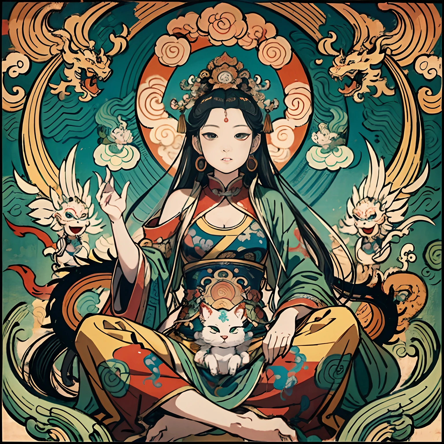 an ancient Chinese goddess, guanyin of the southern seas, Guanyin, Inspired by India, Avalokiteshvara rides a dragon,Serene expression,shui mo hua,Buddha,Buddhist,Lotus,Chinese painting style,Thangka style