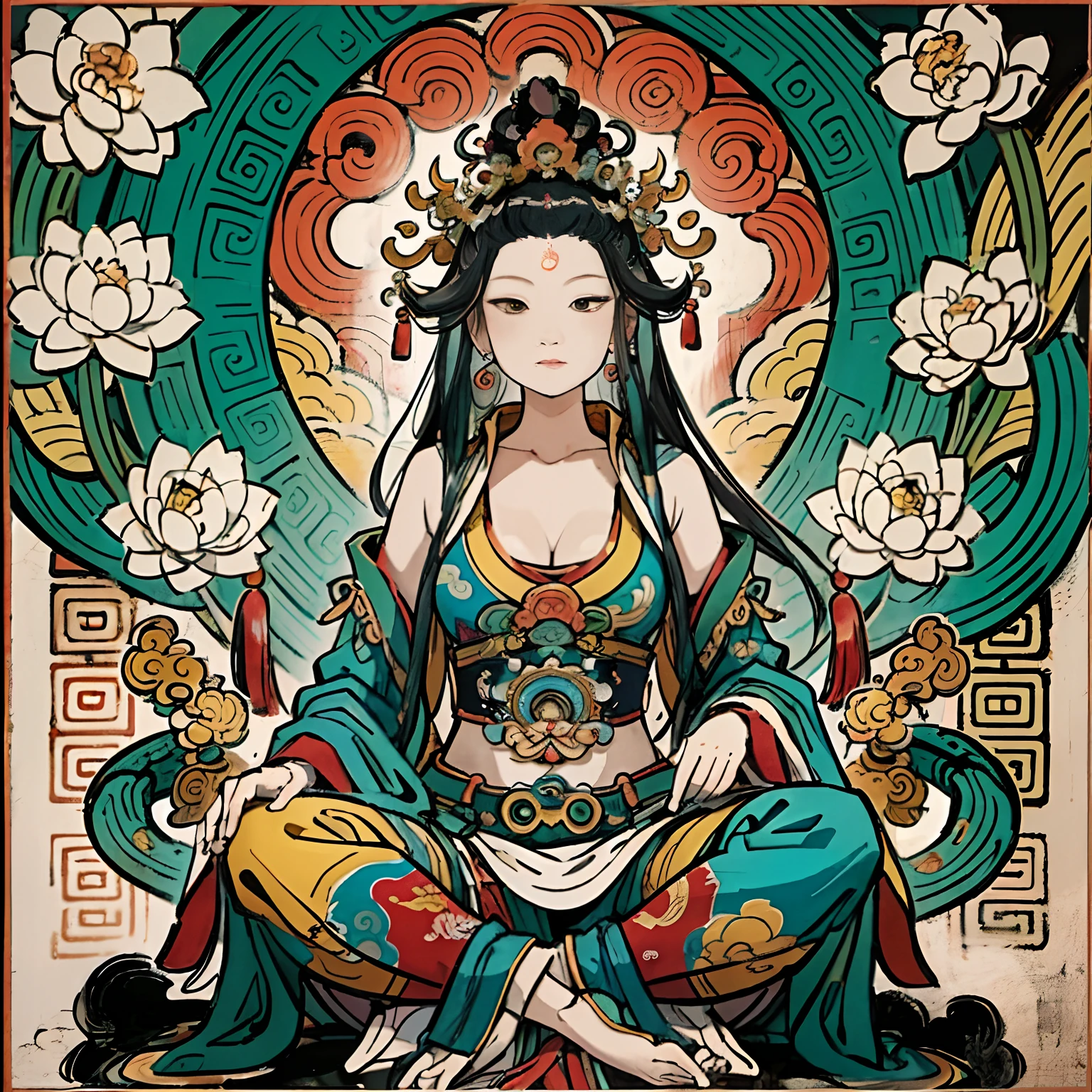 an ancient Chinese goddess, guanyin of the southern seas, Guanyin, Inspired by India, Avalokiteshvara Bodhisattva Dragon，,Serene expression,shui mo hua,Buddha,Buddhist,Lotus,Chinese painting style,Thangka style