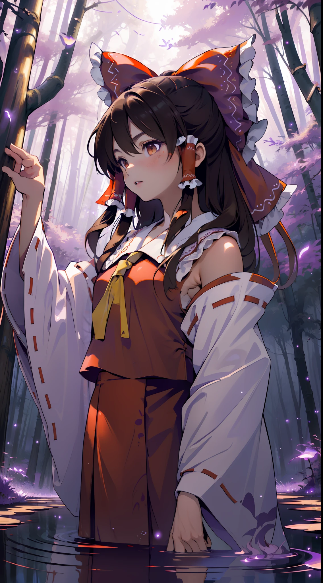 ((detailed background, masterpiece, best quality, 1girl, Hakurei Reimu, brown hair, hair tubes, hair ribbon, brown eyes, nontraditional miko, a forest full of purple and white trees, fireflies, water, purple theme, white theme, mystical, magical,))