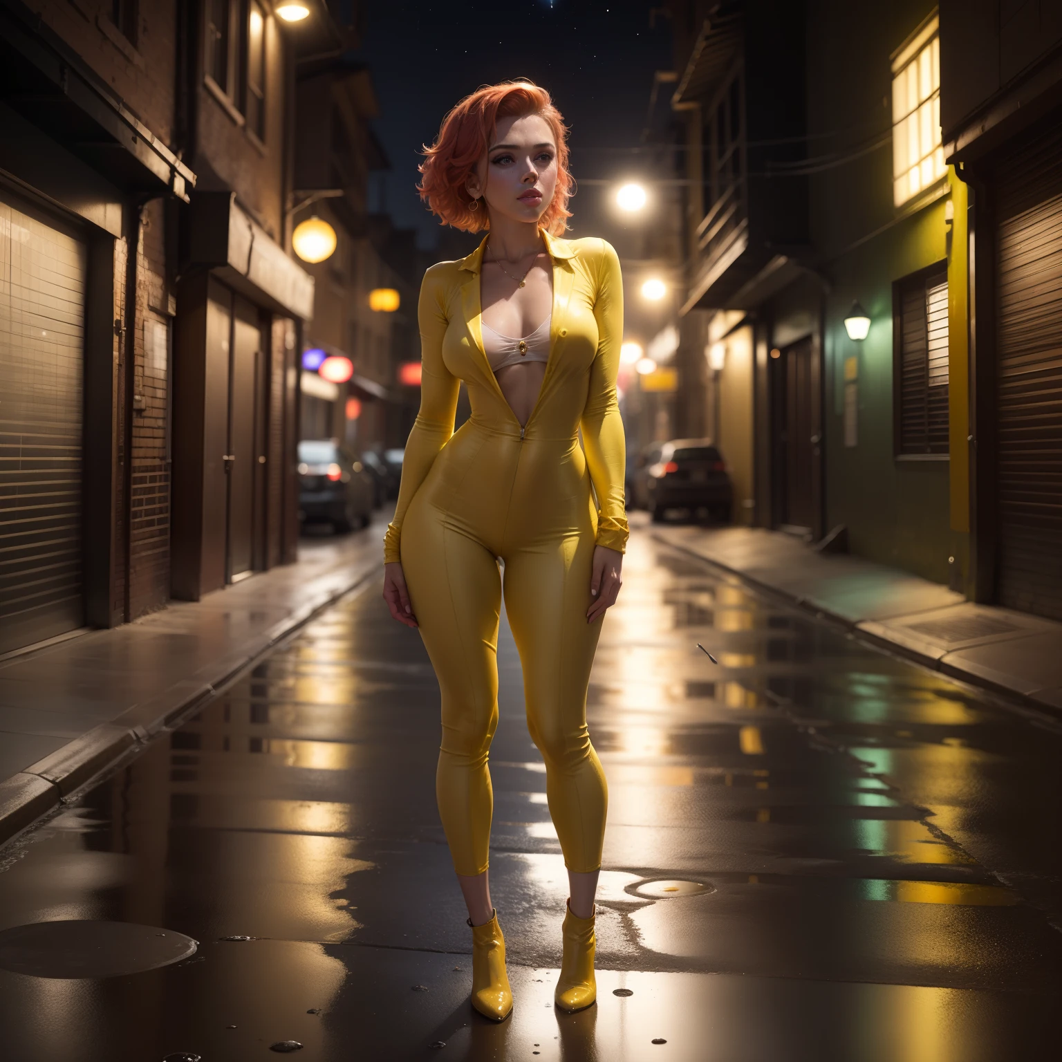 Scarlett Johansson, (a woman in yellow jumpsuit, one-piece jumpsuit), short red hair, white boots, sleeves rolled up, (photorealistic:1.4, masterpiece, sidelighting, full body), standing with back, full length, from very below, detailed background, focus on ass, outside, industrial zone background, narrow street, night, puddles on asphalt, reflection, small moon in sky, starry, after rain