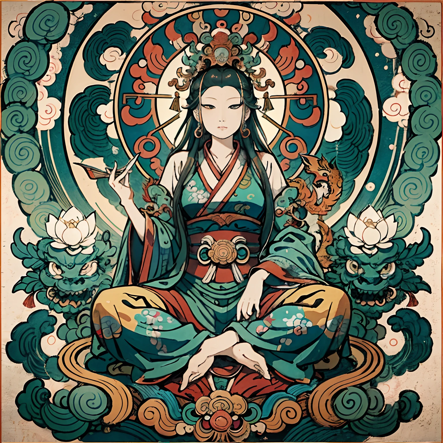 Create a digital art work in pop art style, featureing a vibrant and confident asian naked beauti guanyin, cinematic color scheme, surrounded by vintage flowers patterns, energtic brushstrokes,the mood should be dynamic, upper body, drawing, illustration, grayscale, tropical, vintage fruits, vintage plants, many flowers, vector, nsfw, naked, full body, nsfw