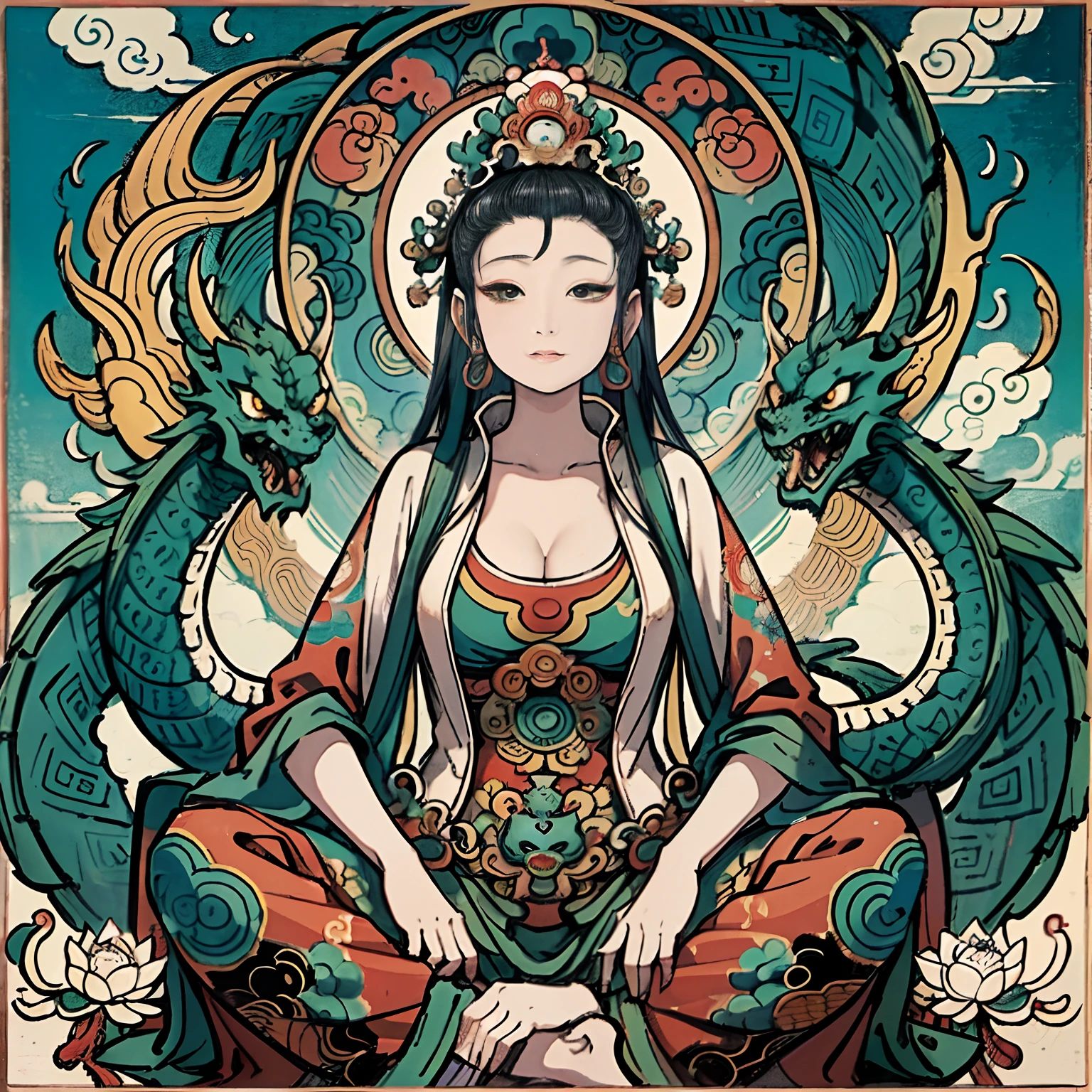 an ancient Chinese goddess, guanyin of the southern seas, Guanyin, Inspired by India, Avalokiteshvara rides a dragon，,Serene expression,shui mo hua,Buddha,Buddhist,Lotus,Chinese painting style,Thangka style